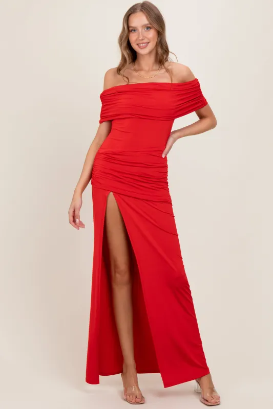 Red Foldover Off Shoulder Ruched High Slit Maxi Dress sold by Pinkblush