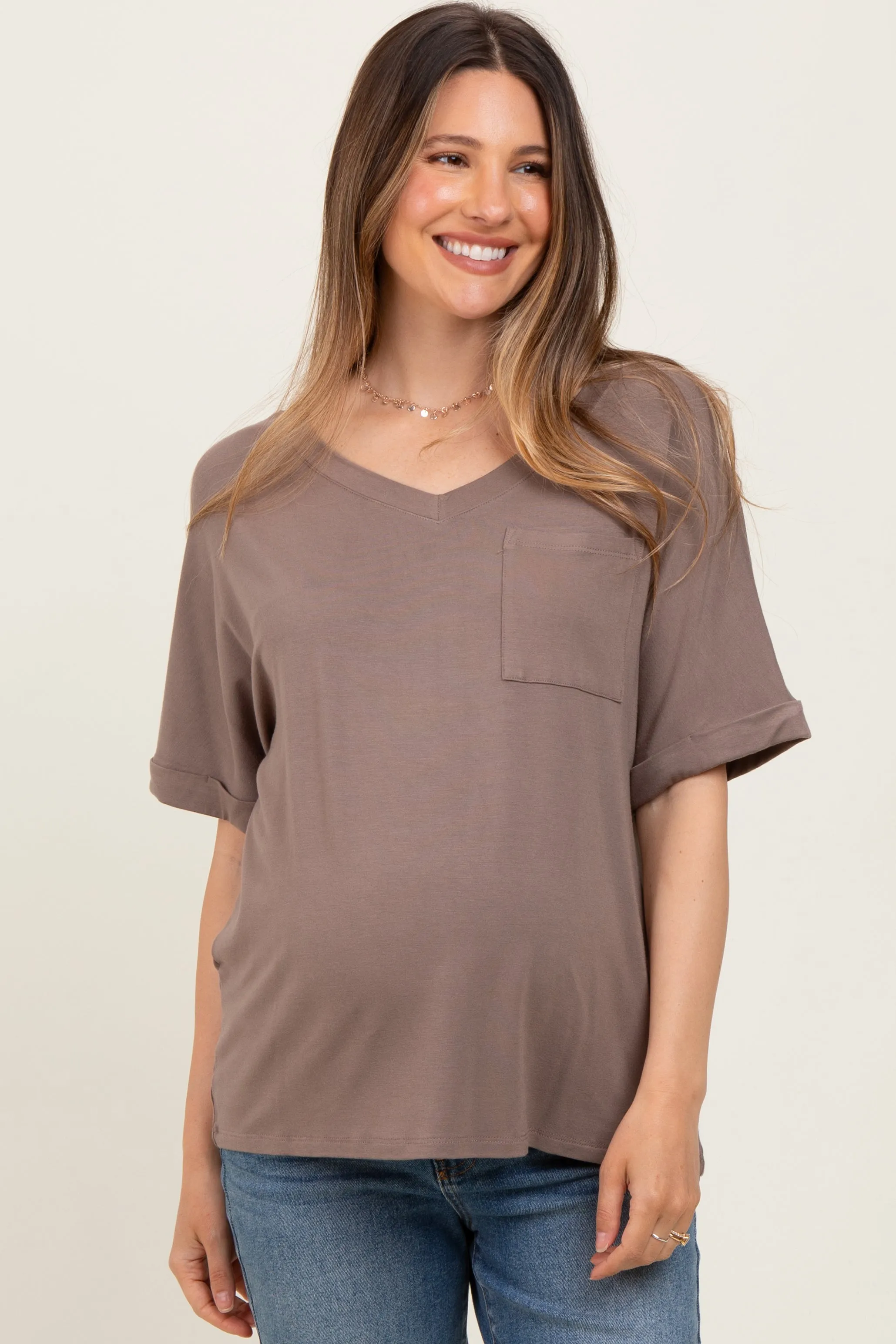 Taupe Oversized V-Neck Front Pocket Maternity T-Shirt sold by Pinkblush