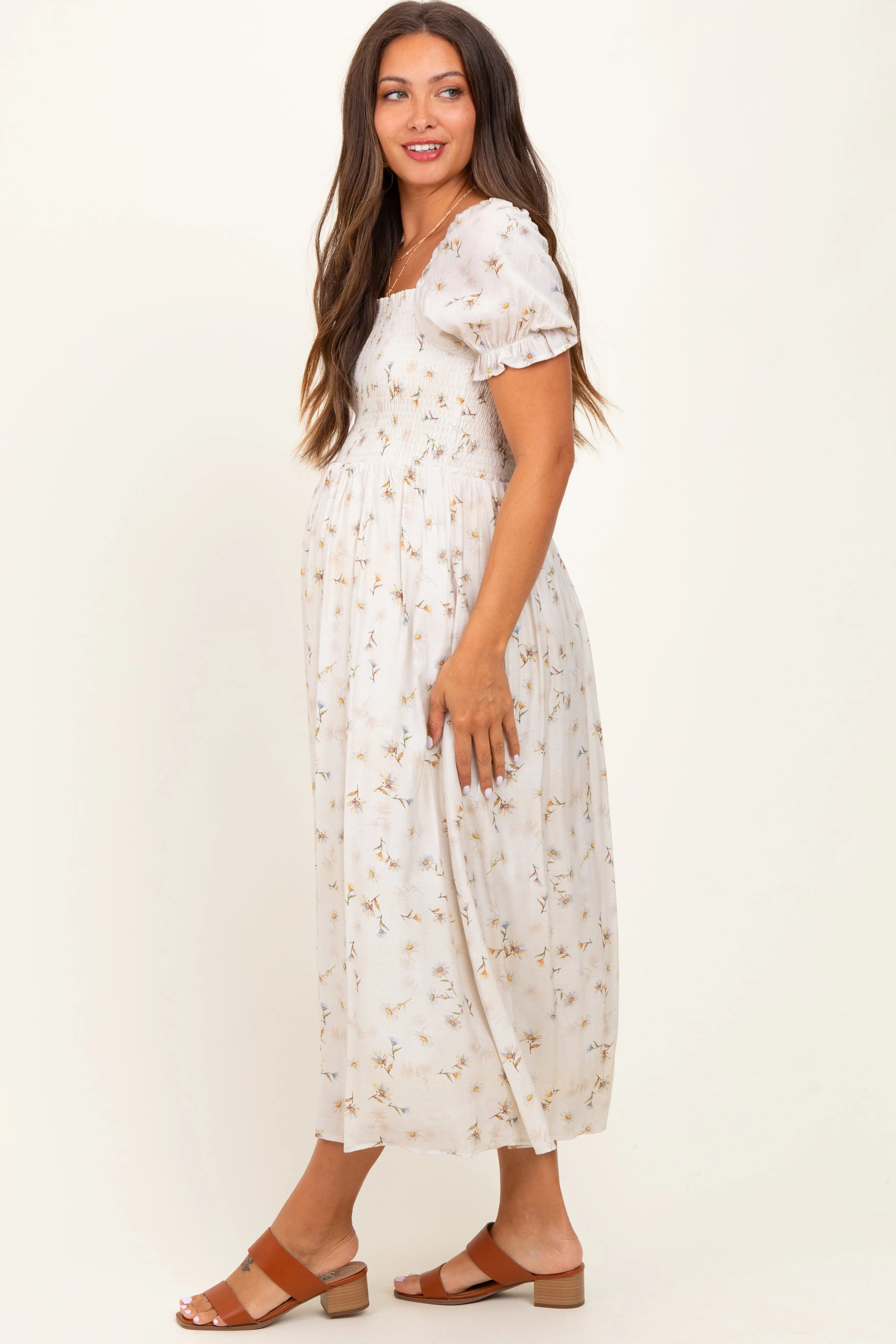 Yellow Floral Printed Puff Sleeve Maternity Midi Dress sold by Pinkblush product image thumbnail 3