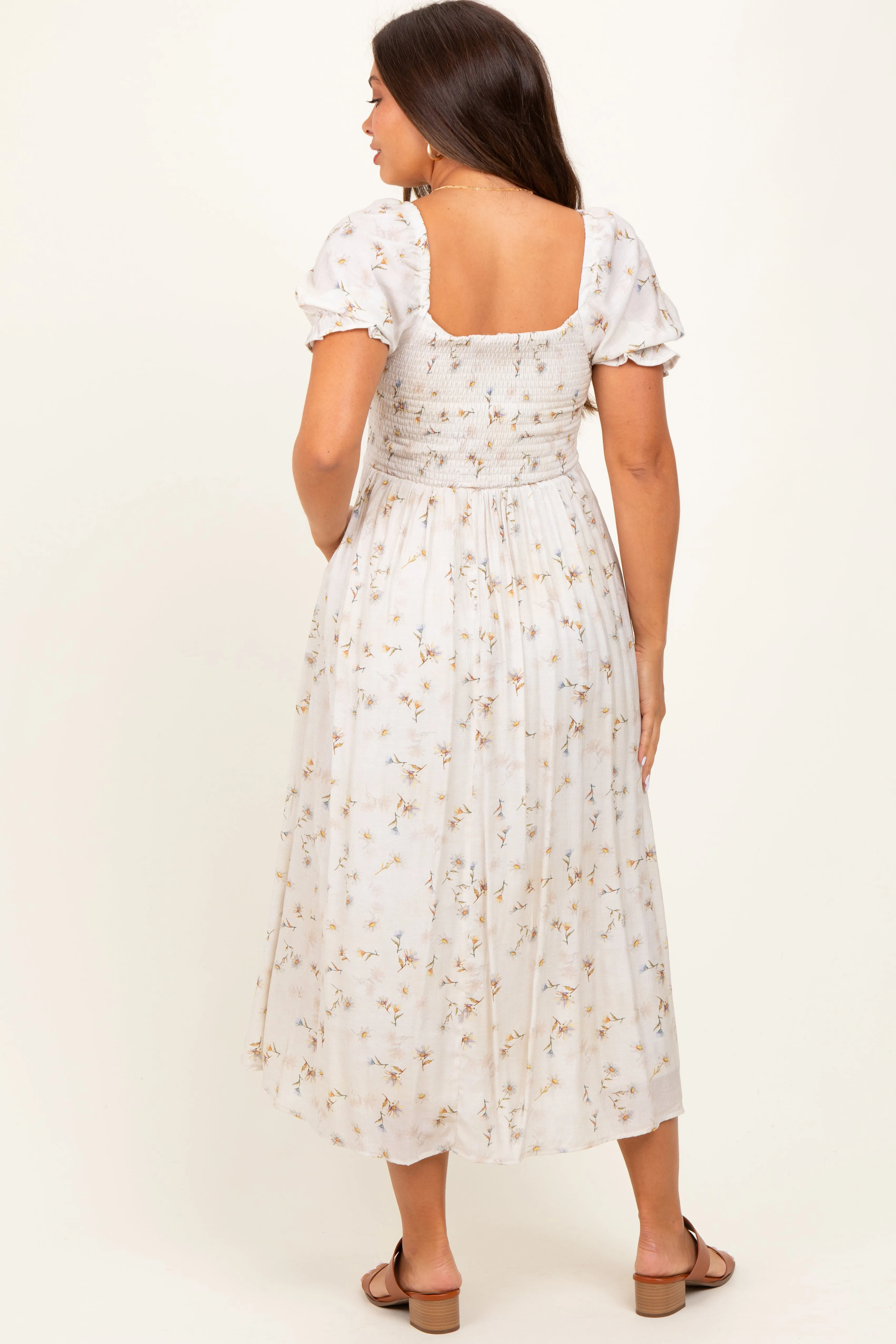 Yellow Floral Printed Puff Sleeve Maternity Midi Dress sold by Pinkblush product image thumbnail 4