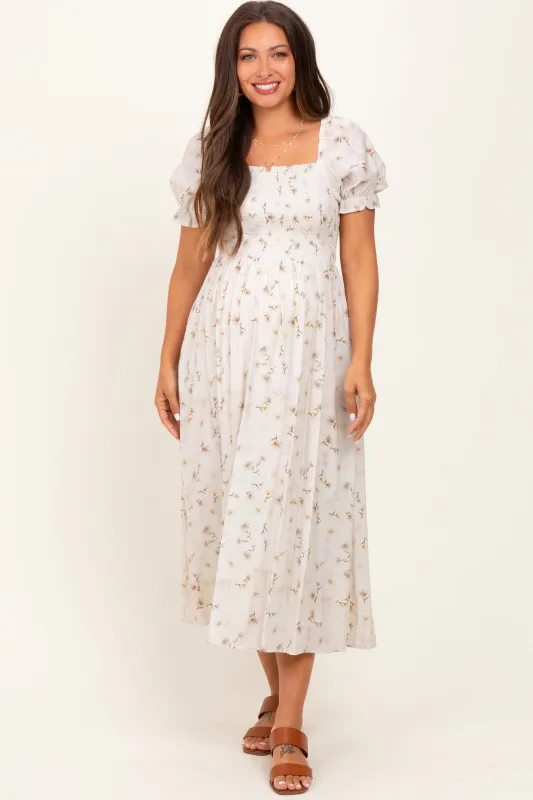 Yellow Floral Printed Puff Sleeve Maternity Midi Dress sold by Pinkblush