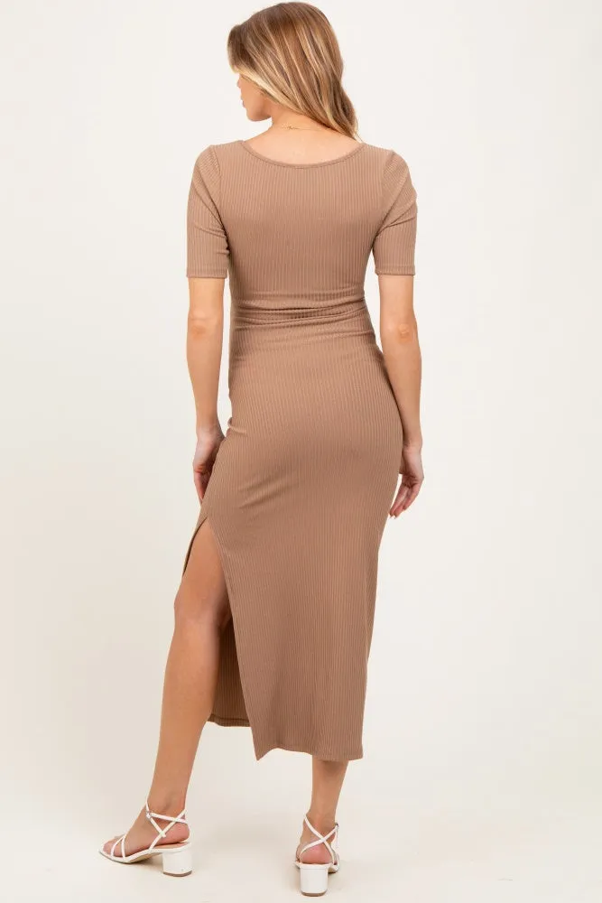 Light Taupe Ribbed Short Sleeve Side Slit Maternity Midi Dress sold by Pinkblush product image thumbnail 3