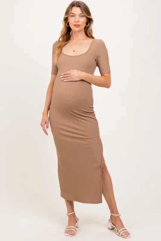 Light Taupe Ribbed Short Sleeve Side Slit Maternity Midi Dress sold by Pinkblush