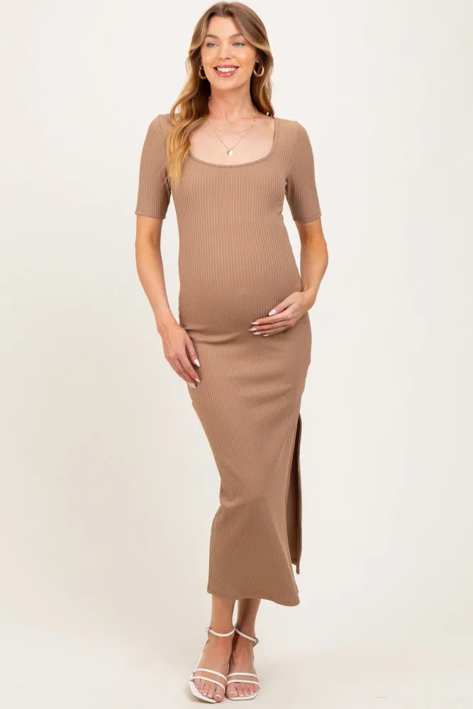 Light Taupe Ribbed Short Sleeve Side Slit Maternity Midi Dress sold by Pinkblush product image thumbnail 2