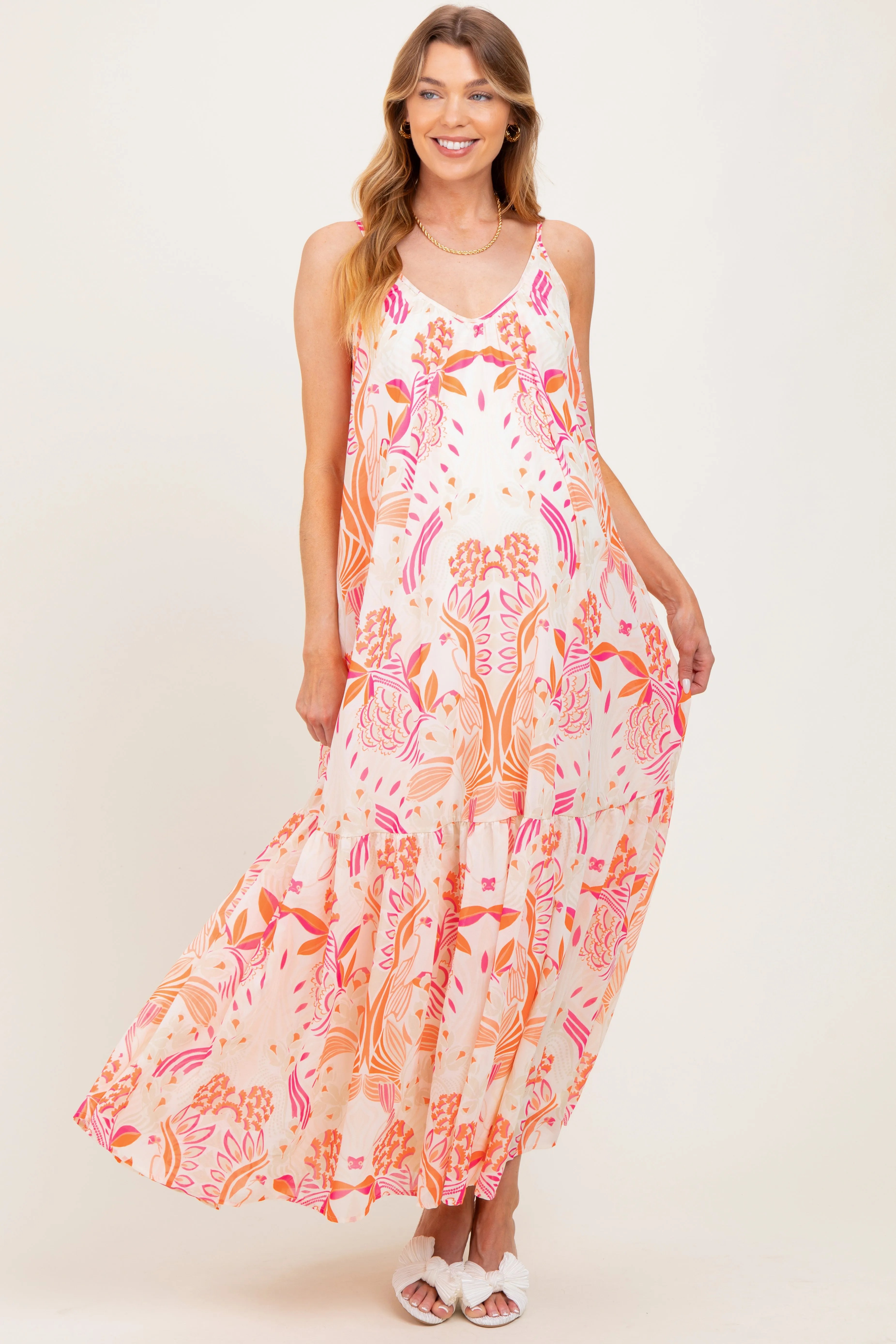 Orange Floral Tie Back Maternity Maxi Dress sold by Pinkblush