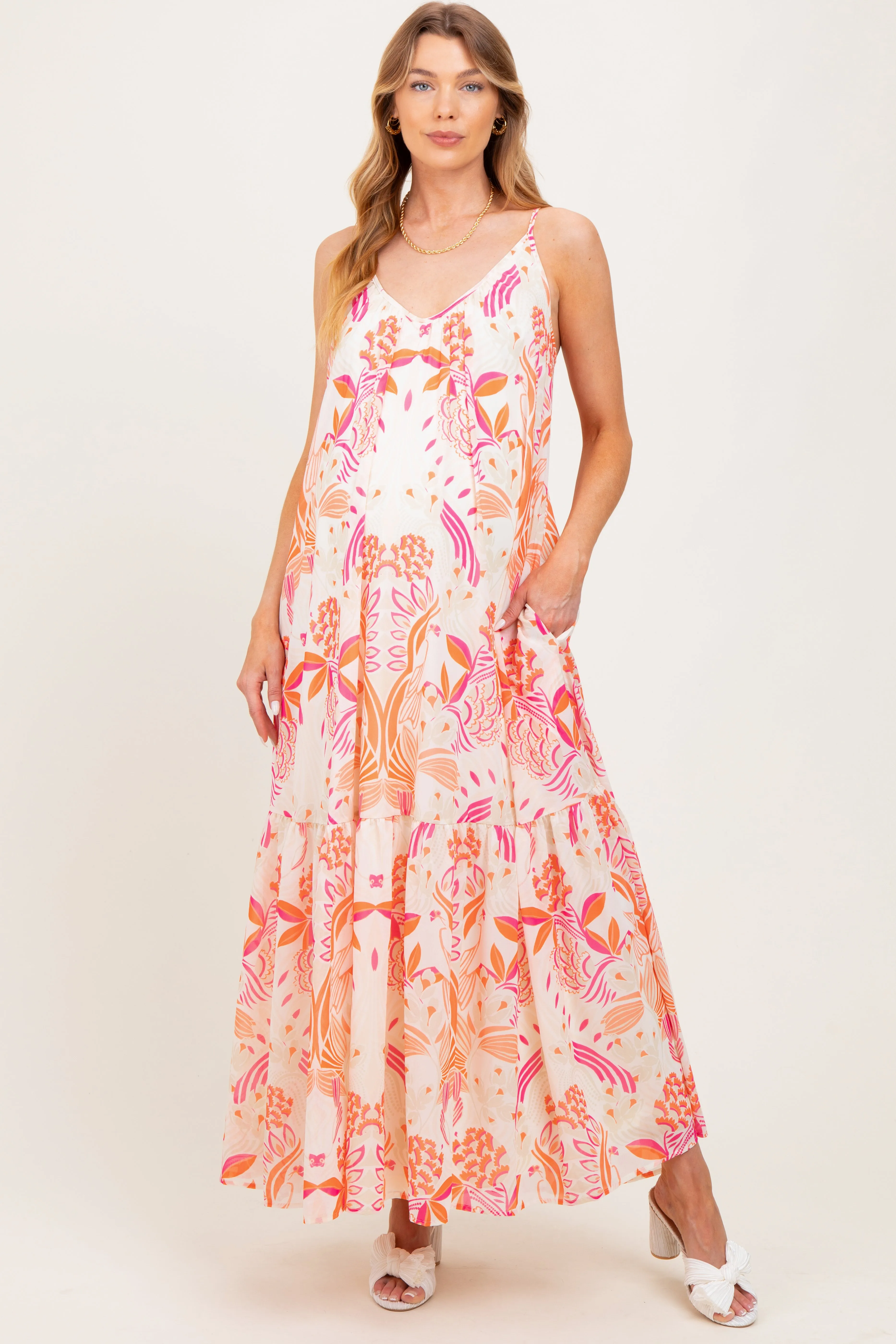 Orange Floral Tie Back Maternity Maxi Dress sold by Pinkblush product image thumbnail 2