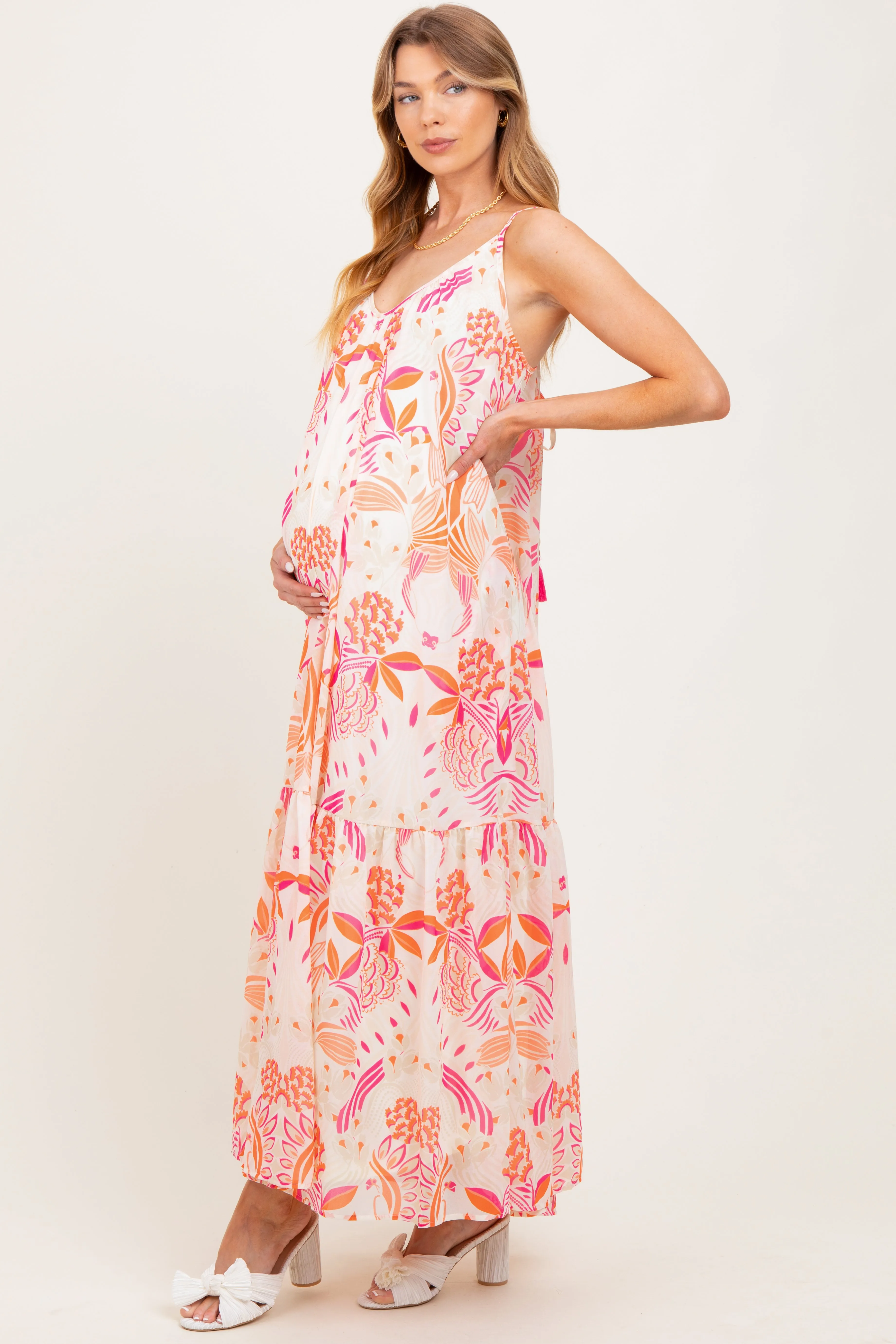 Orange Floral Tie Back Maternity Maxi Dress sold by Pinkblush product image thumbnail 3