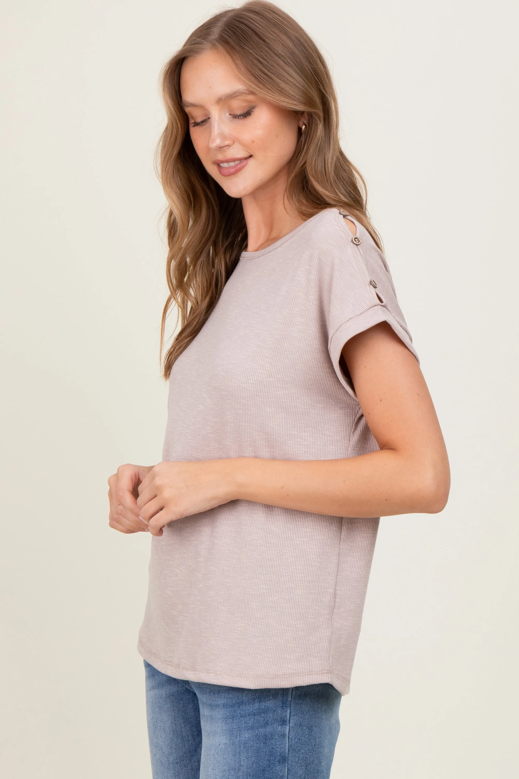 Taupe Button Shoulder Detail Short Sleeve Top sold by Pinkblush product image thumbnail 3
