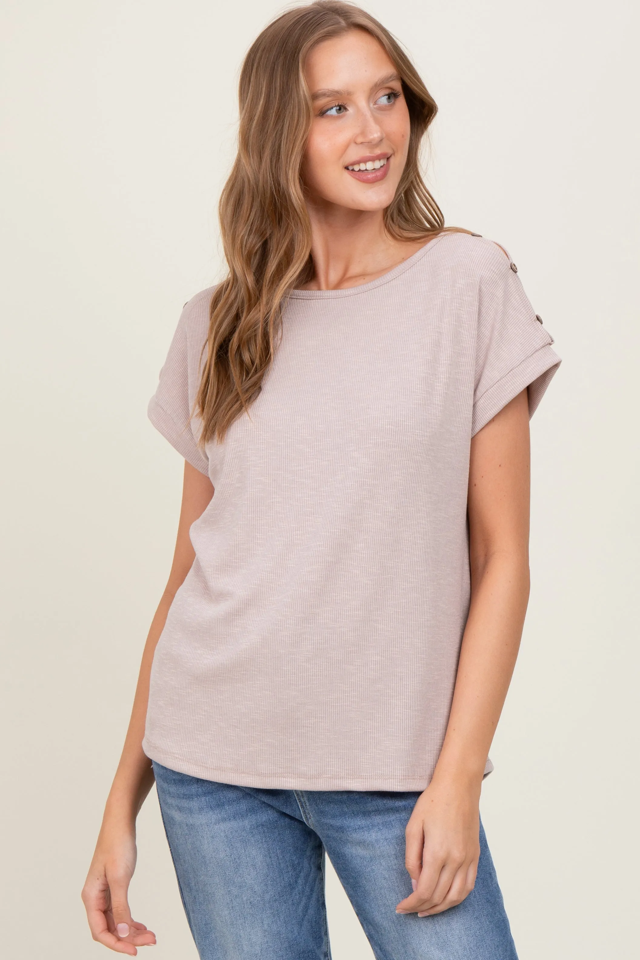 Taupe Button Shoulder Detail Short Sleeve Top sold by Pinkblush