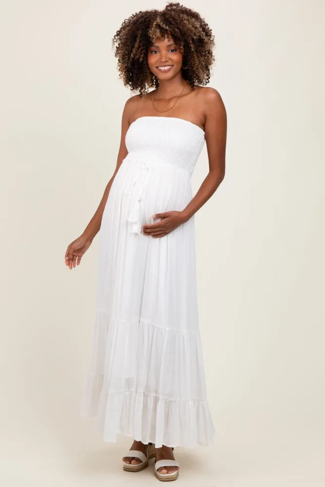 Ivory Smocked Strapless Front Tie Maternity Maxi Dress sold by Pinkblush