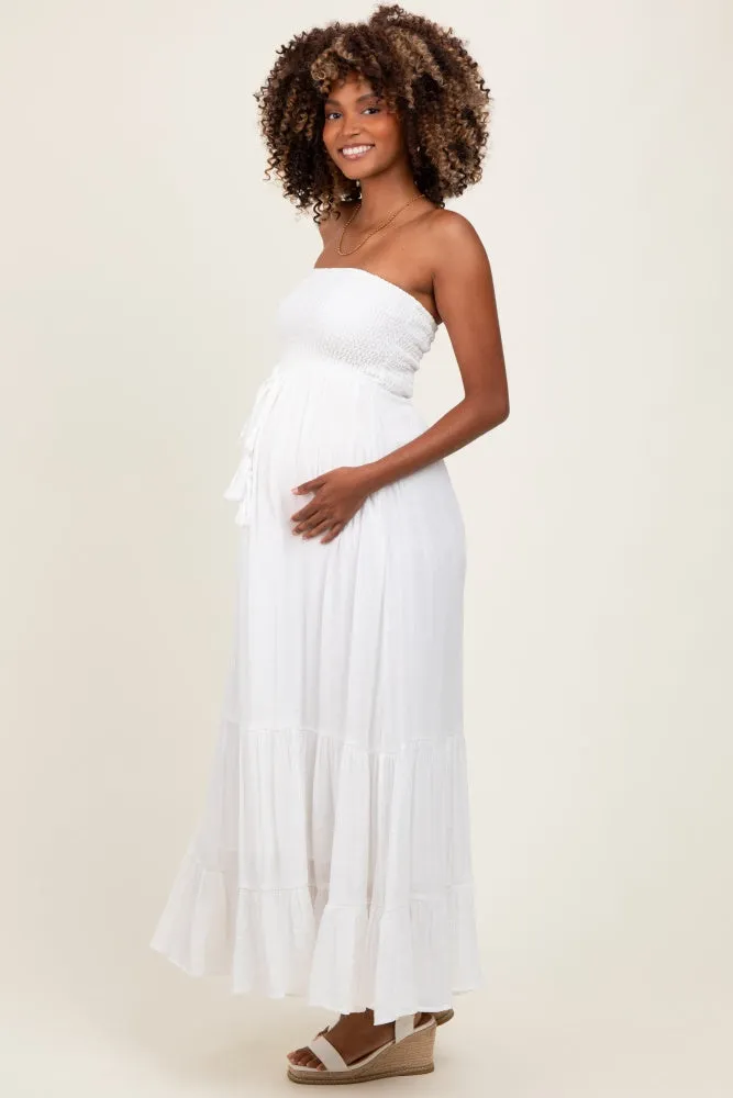 Ivory Smocked Strapless Front Tie Maternity Maxi Dress sold by Pinkblush product image thumbnail 2