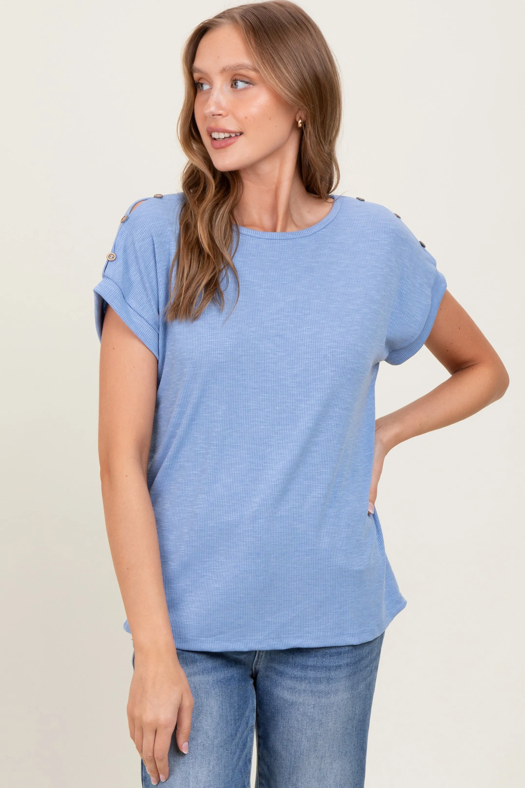 Blue Button Shoulder Detail Short Sleeve Top sold by Pinkblush