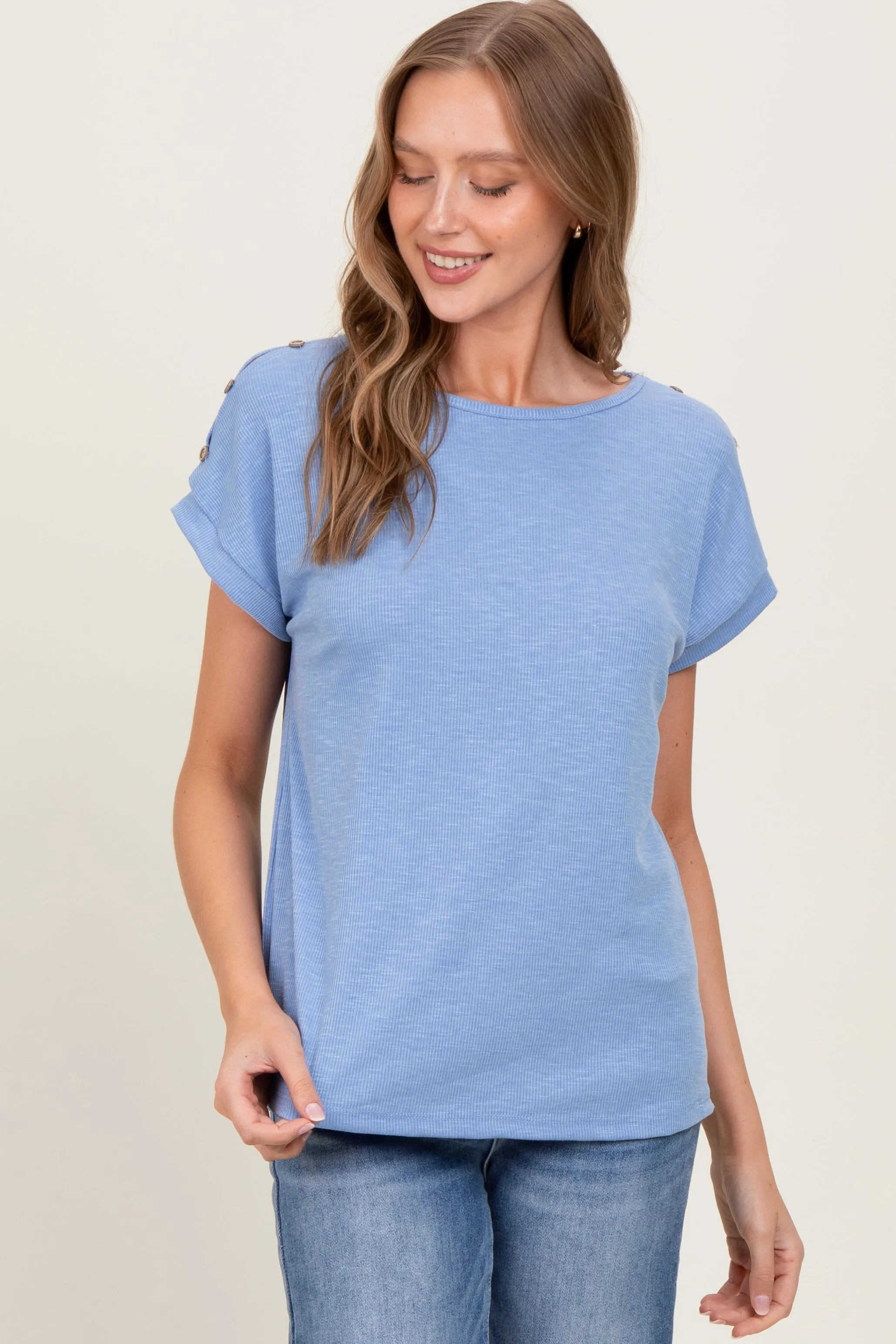 Blue Button Shoulder Detail Short Sleeve Top sold by Pinkblush product image thumbnail 2