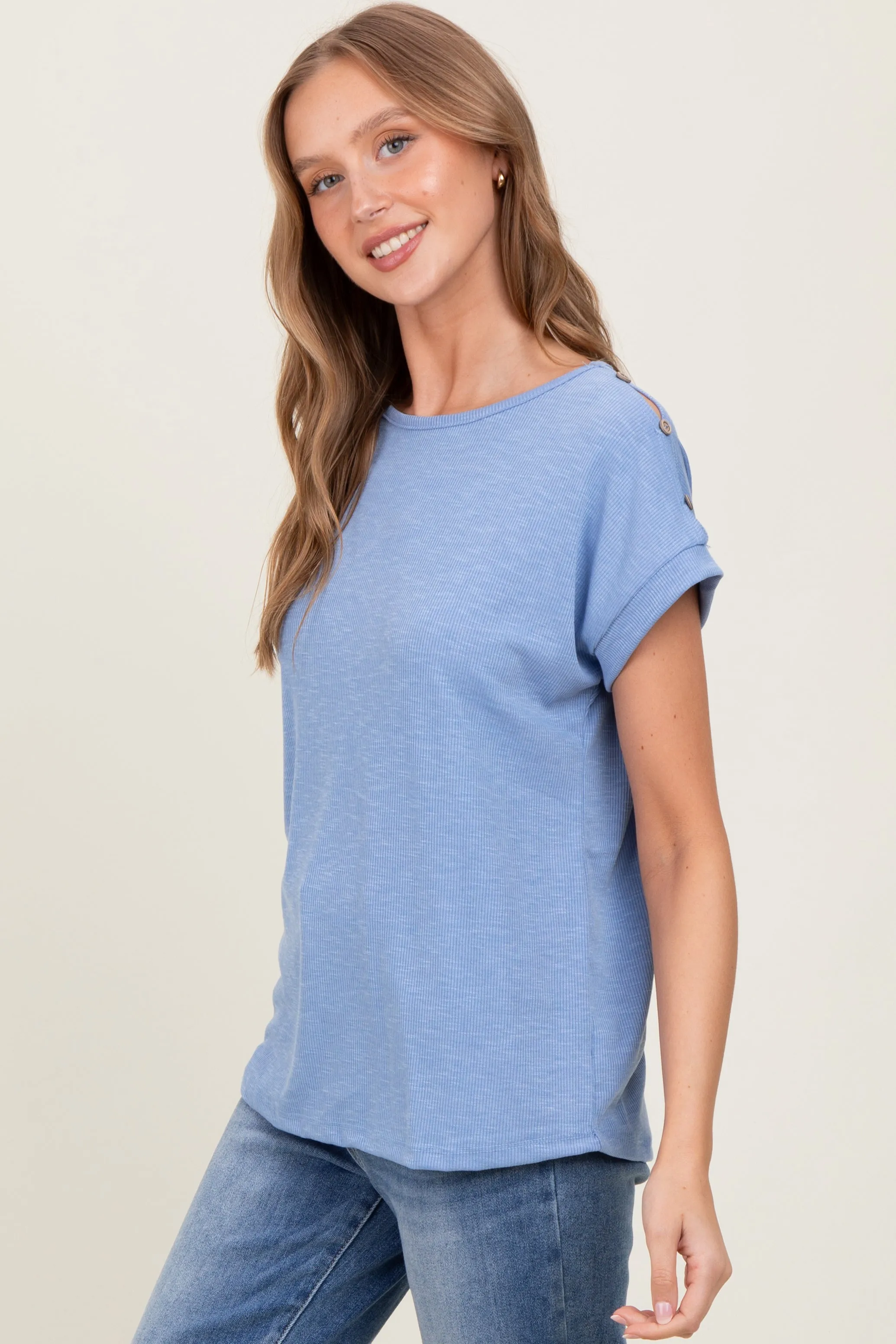 Blue Button Shoulder Detail Short Sleeve Top sold by Pinkblush product image thumbnail 3
