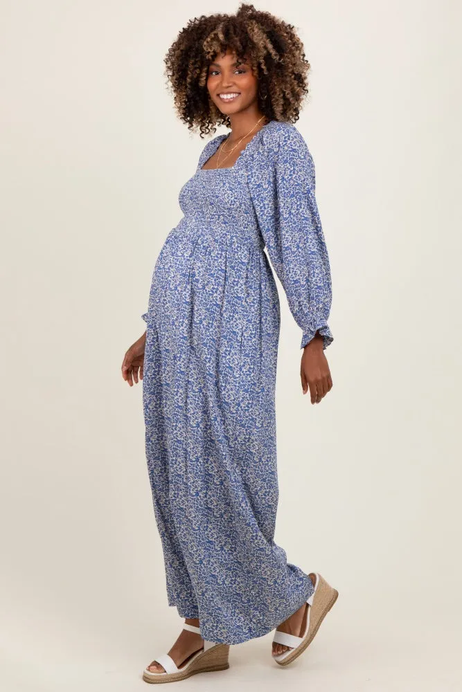 Blue Floral Long Sleeve Wide Leg Maternity Jumpsuit sold by Pinkblush product image thumbnail 3