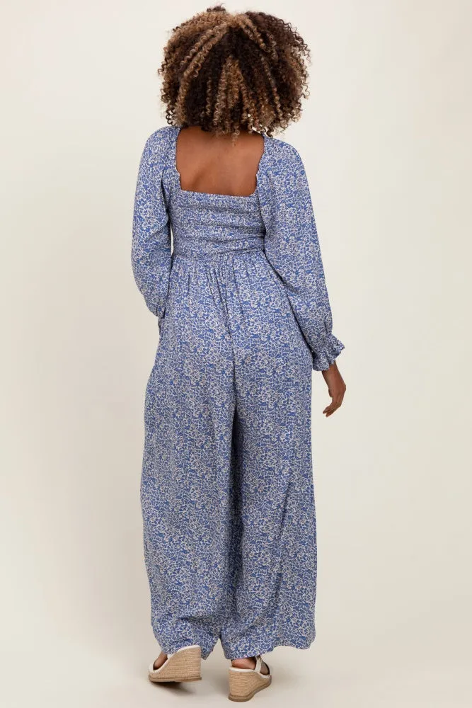 Blue Floral Long Sleeve Wide Leg Maternity Jumpsuit sold by Pinkblush product image thumbnail 4