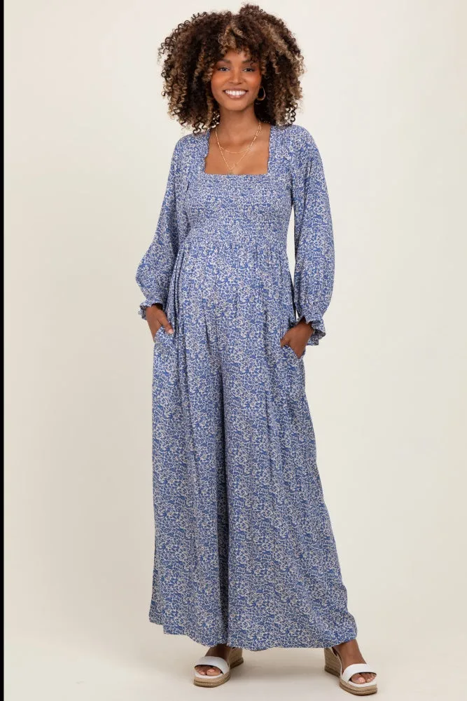 Blue Floral Long Sleeve Wide Leg Maternity Jumpsuit sold by Pinkblush