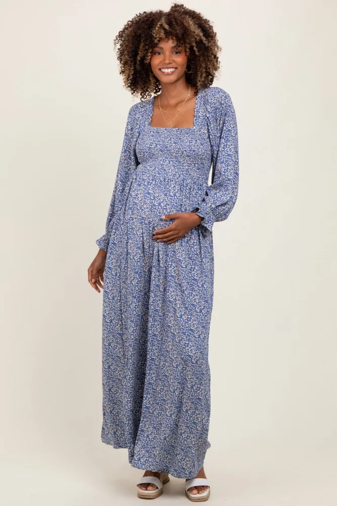 Blue Floral Long Sleeve Wide Leg Maternity Jumpsuit sold by Pinkblush product image thumbnail 2