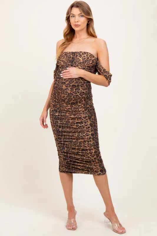 Brown Animal Print Off Shoulder Ruched Mesh Maternity Midi Dress sold by Pinkblush