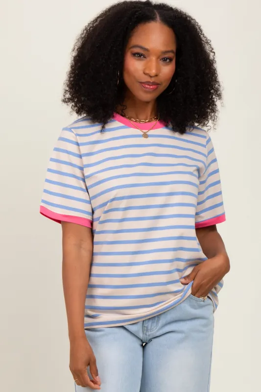Blue Striped Contrast Trim Short Sleeve Tee sold by Pinkblush