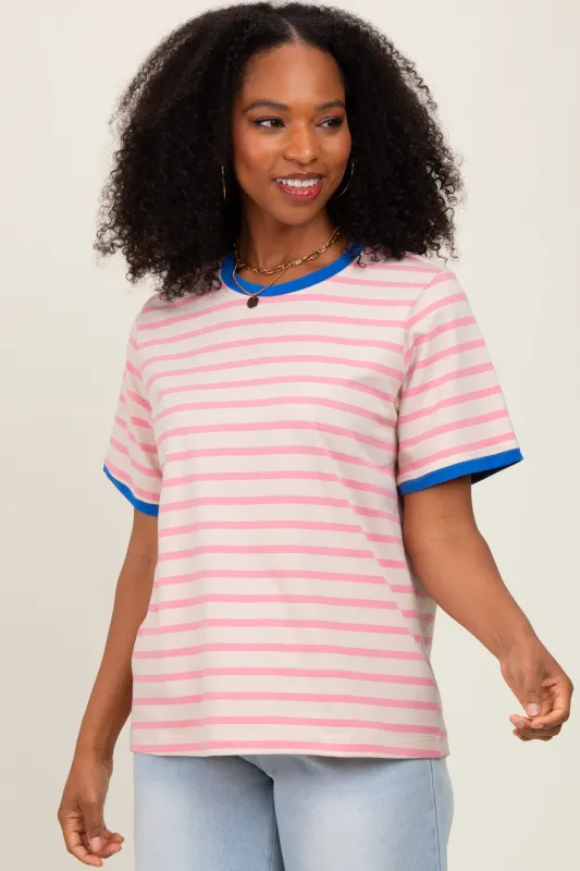 Pink Striped Contrast Trim Short Sleeve Tee sold by Pinkblush