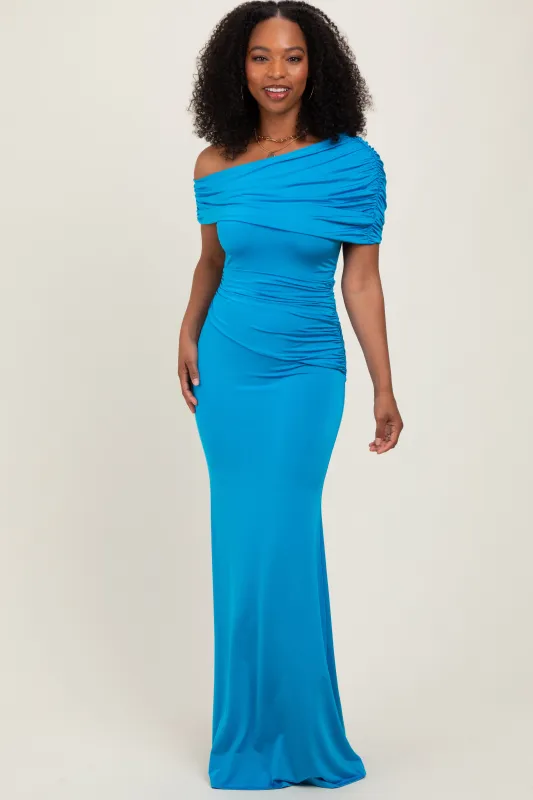 Blue Off Shoulder Foldover Ruched Maxi Dress sold by Pinkblush