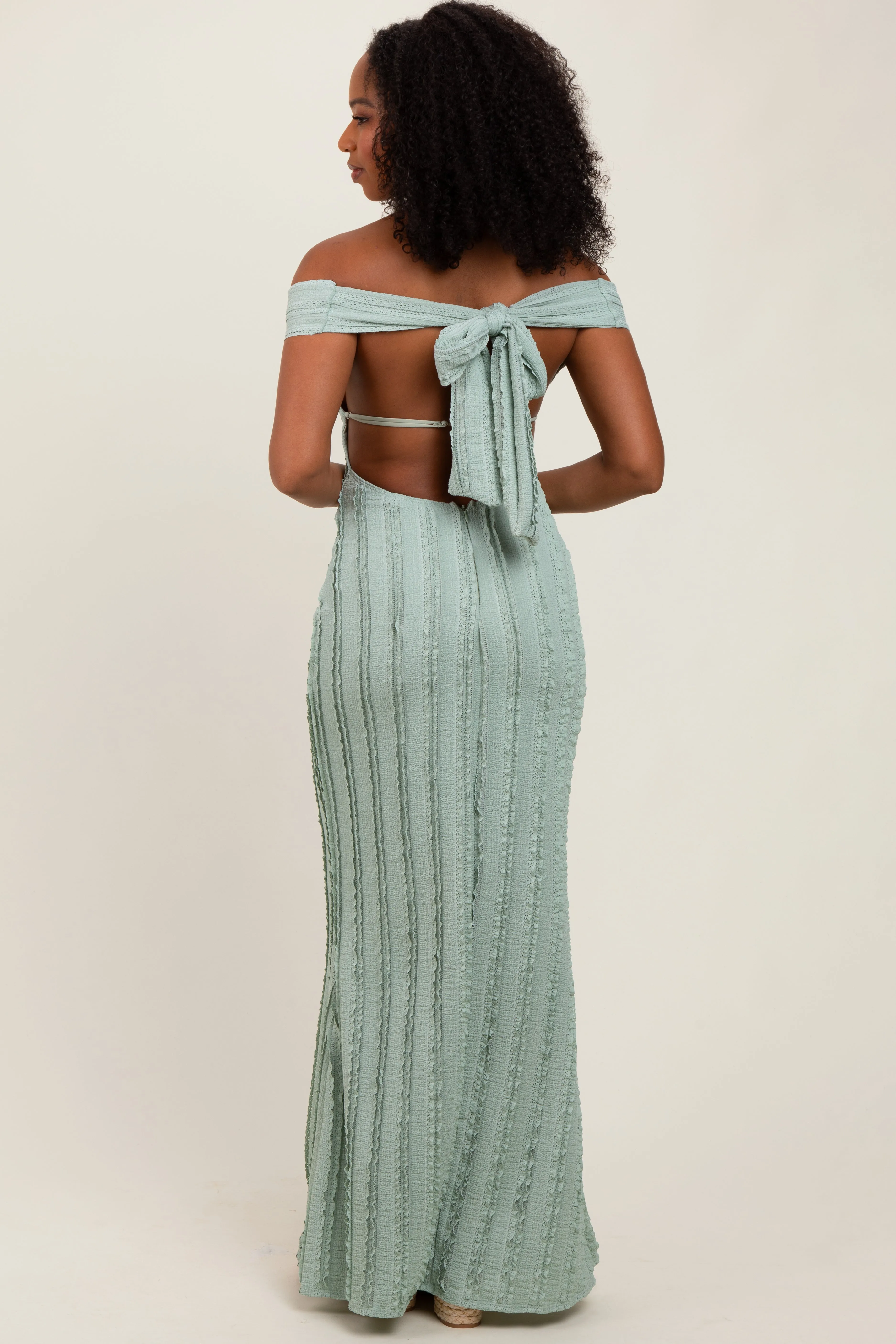Light Olive Ruffle Texture Convertible Backless Maxi Dress sold by Pinkblush product image thumbnail 3