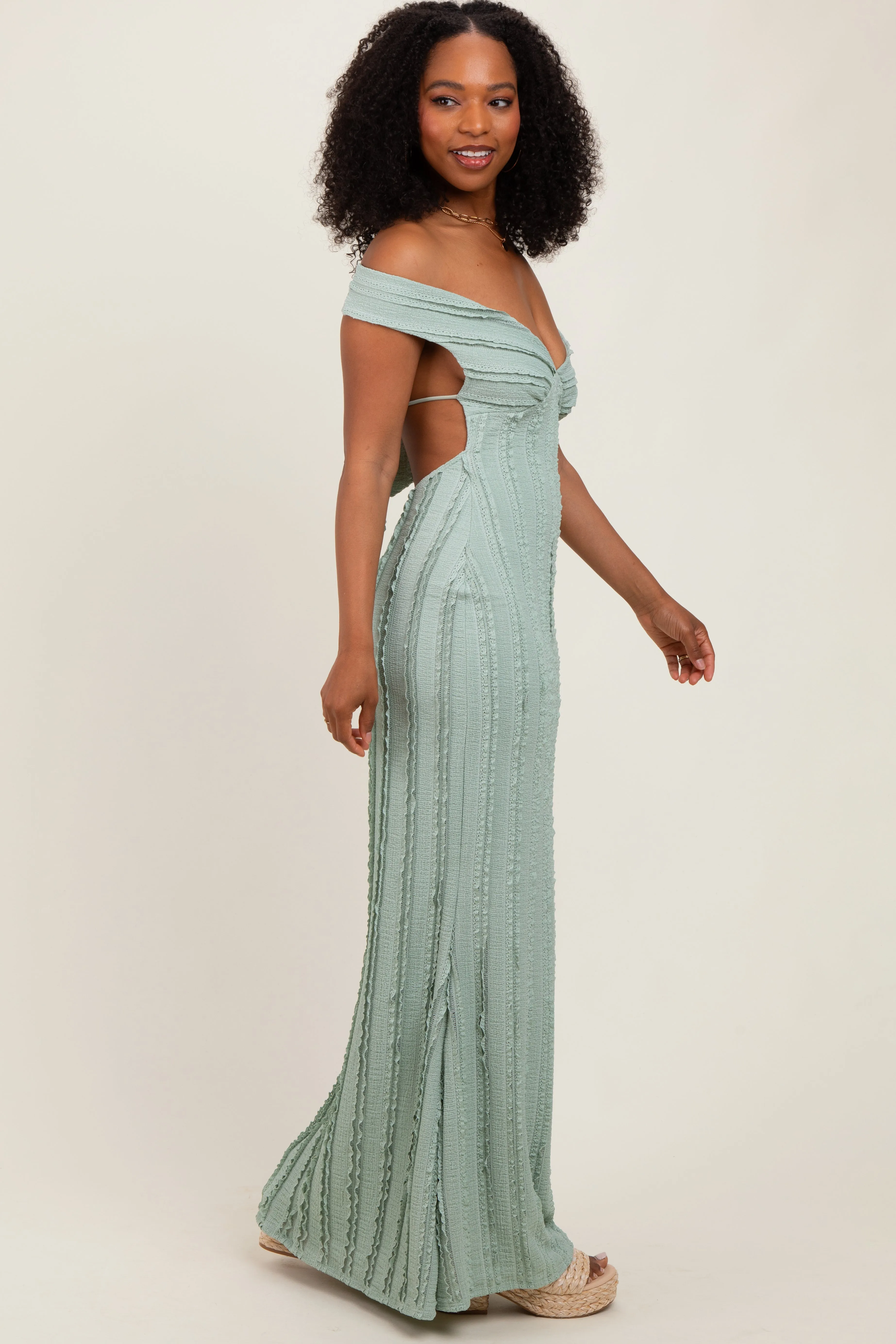 Light Olive Ruffle Texture Convertible Backless Maxi Dress sold by Pinkblush product image thumbnail 2