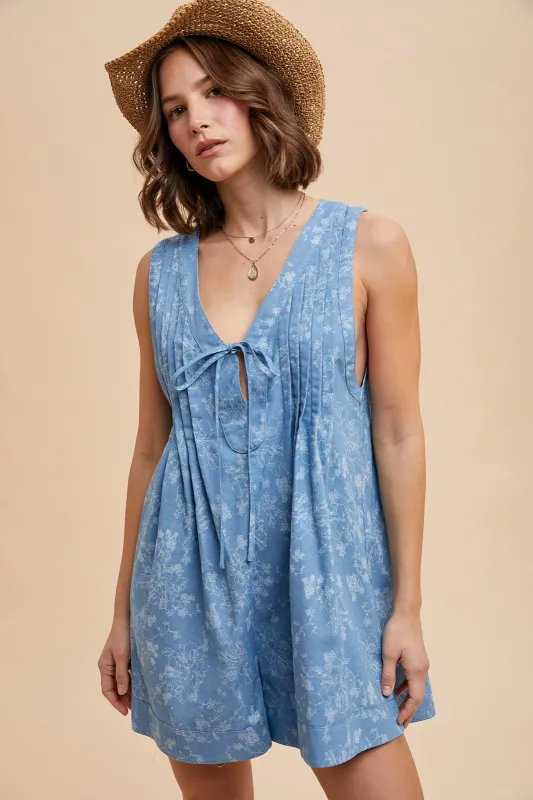 Light Blue Floral Chambray Pleat Front Romper sold by Pinkblush
