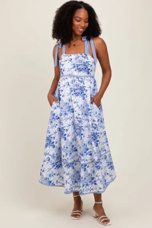 Blue Floral Shoulder Tie Striped Trim Midi Dress sold by Pinkblush