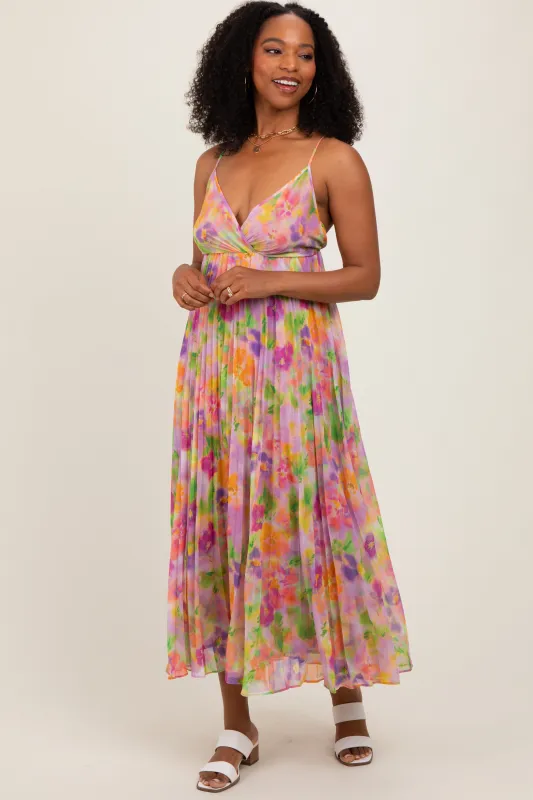 Lilac Floral Pleated Open Back Maxi Dress sold by Pinkblush