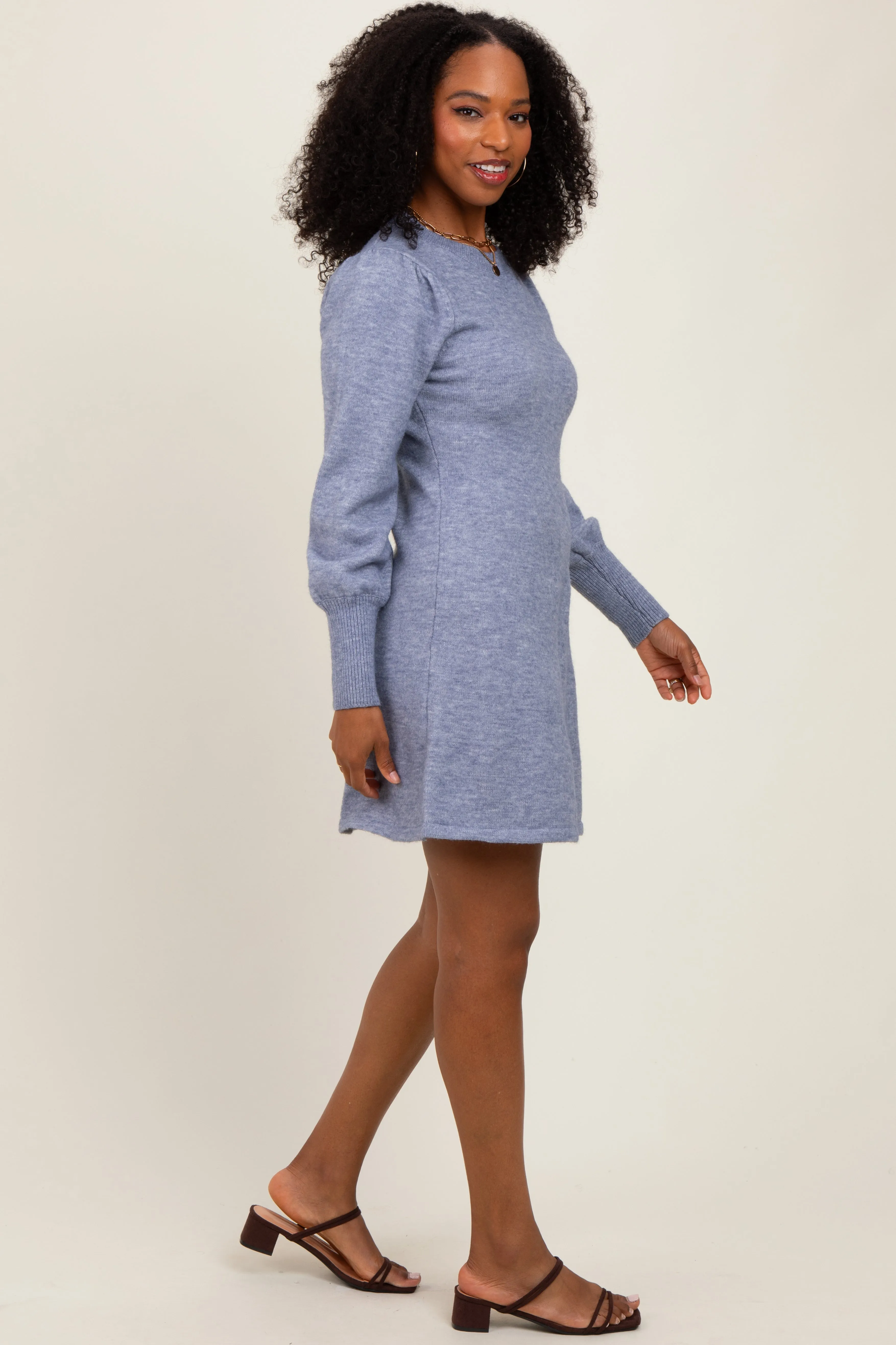 Light Blue Knit Bubble Sleeve Mini Dress sold by Pinkblush product image thumbnail 3