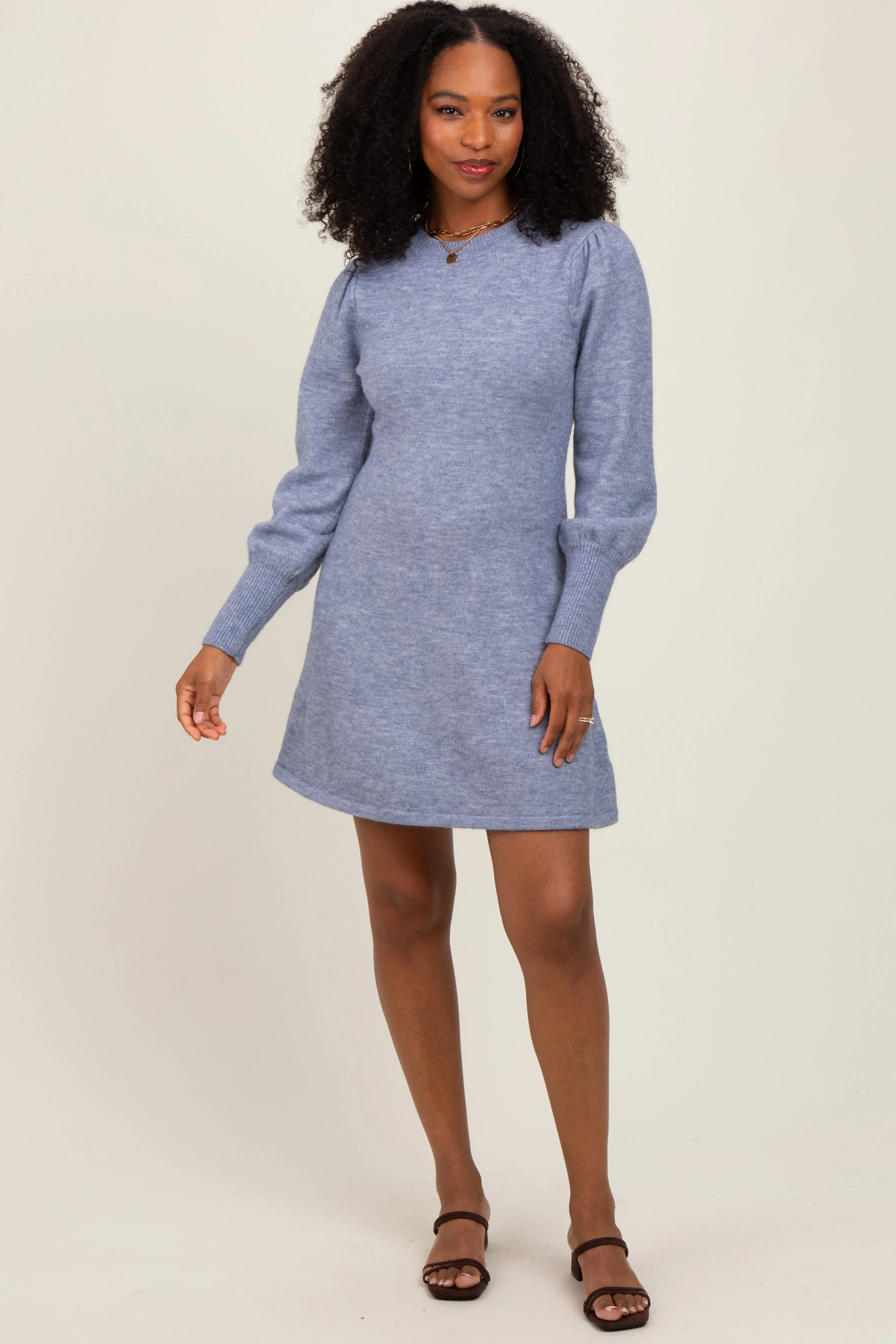 Light Blue Knit Bubble Sleeve Mini Dress sold by Pinkblush