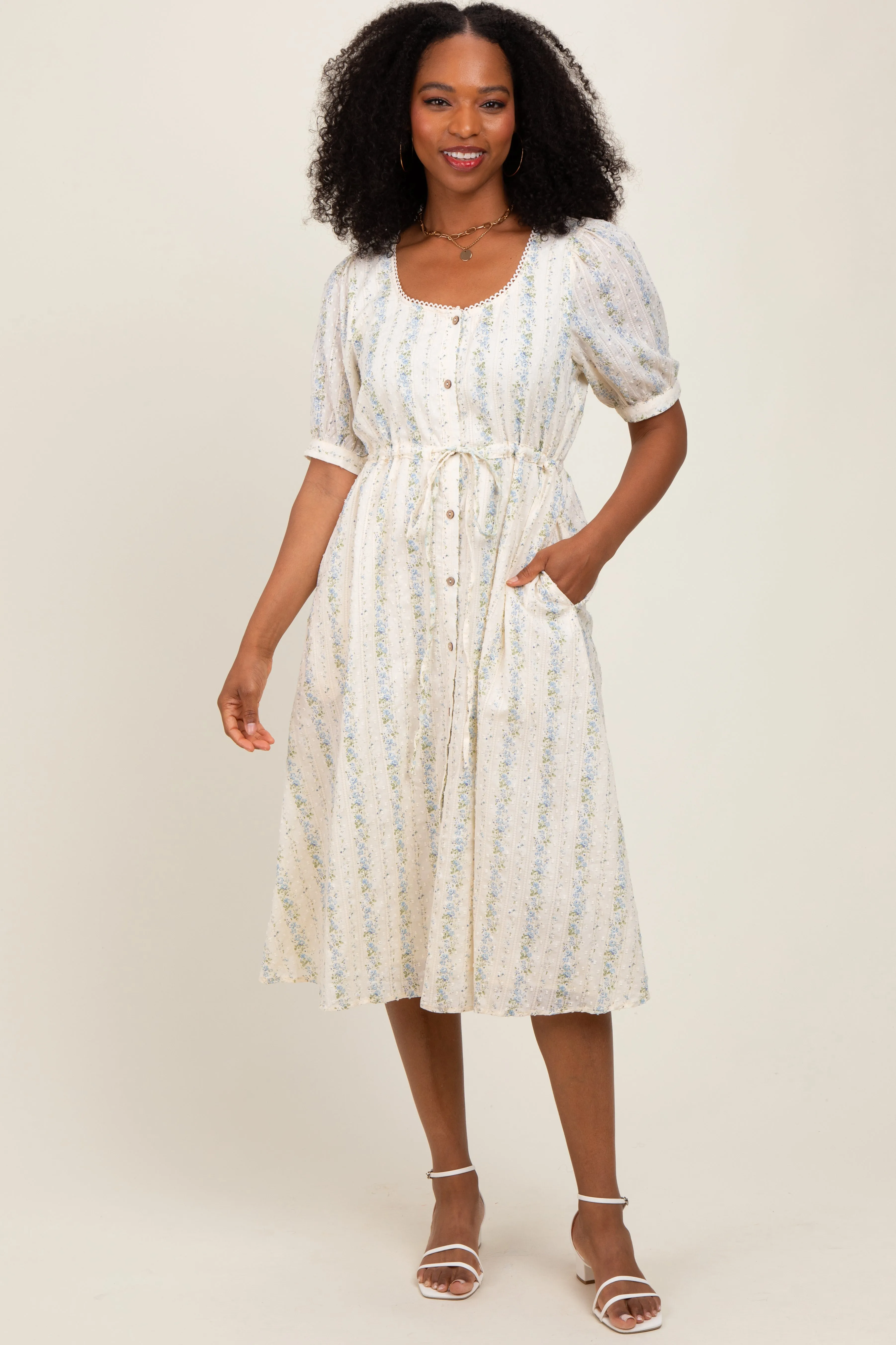 Light Blue Swiss Dot Floral Print Button Down Midi Dress sold by Pinkblush