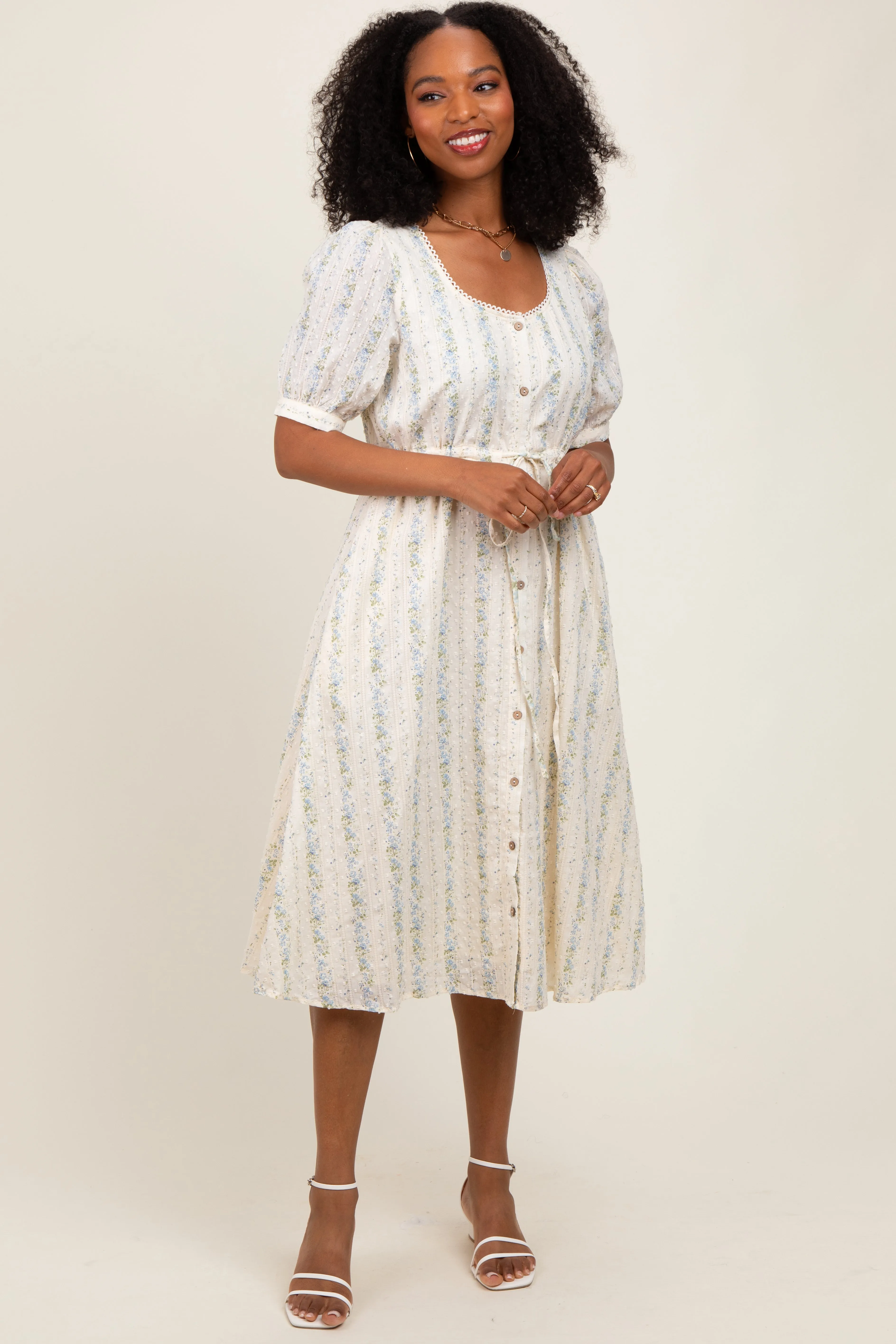 Light Blue Swiss Dot Floral Print Button Down Midi Dress sold by Pinkblush product image thumbnail 2