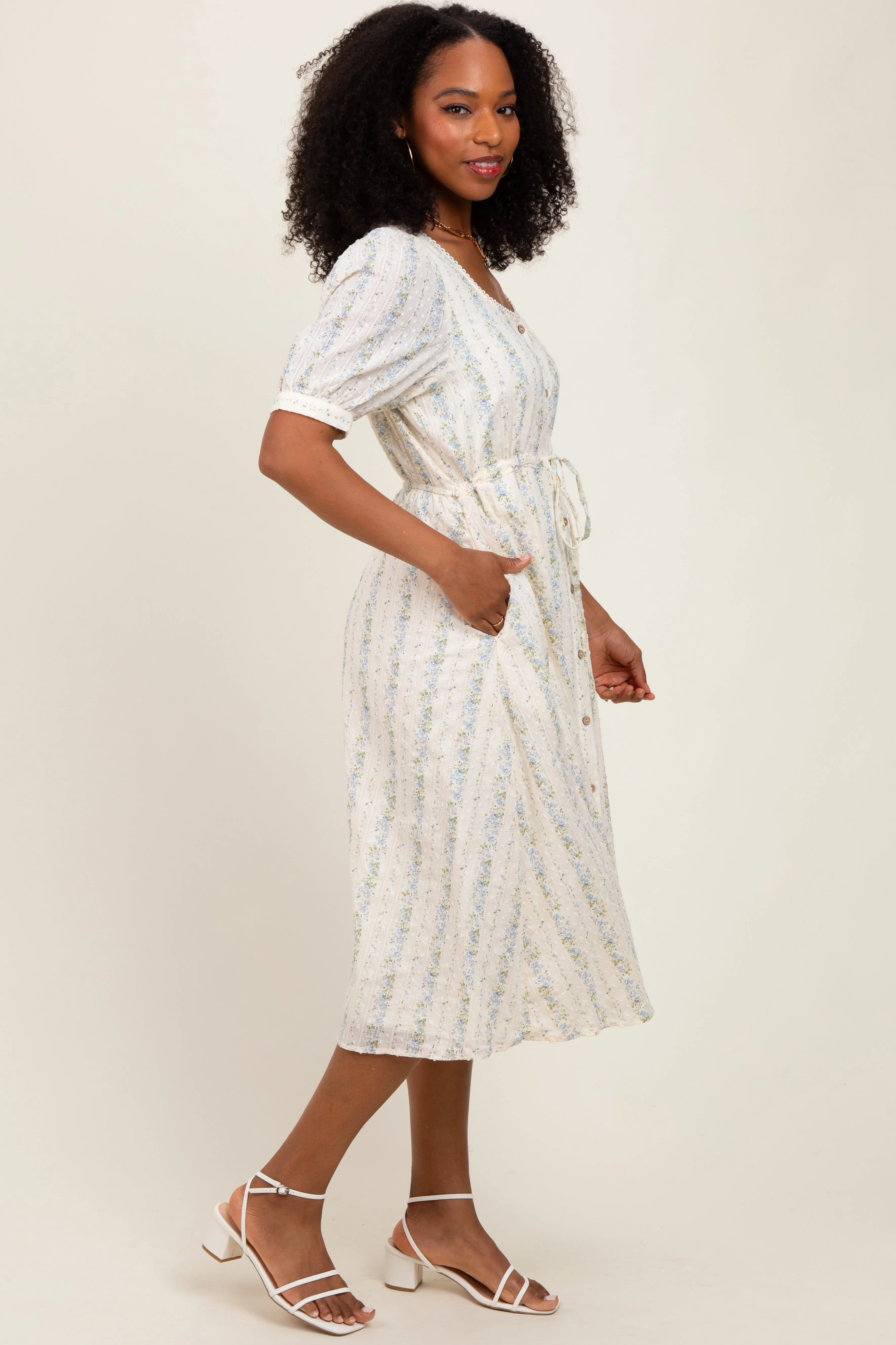 Light Blue Swiss Dot Floral Print Button Down Midi Dress sold by Pinkblush product image thumbnail 3