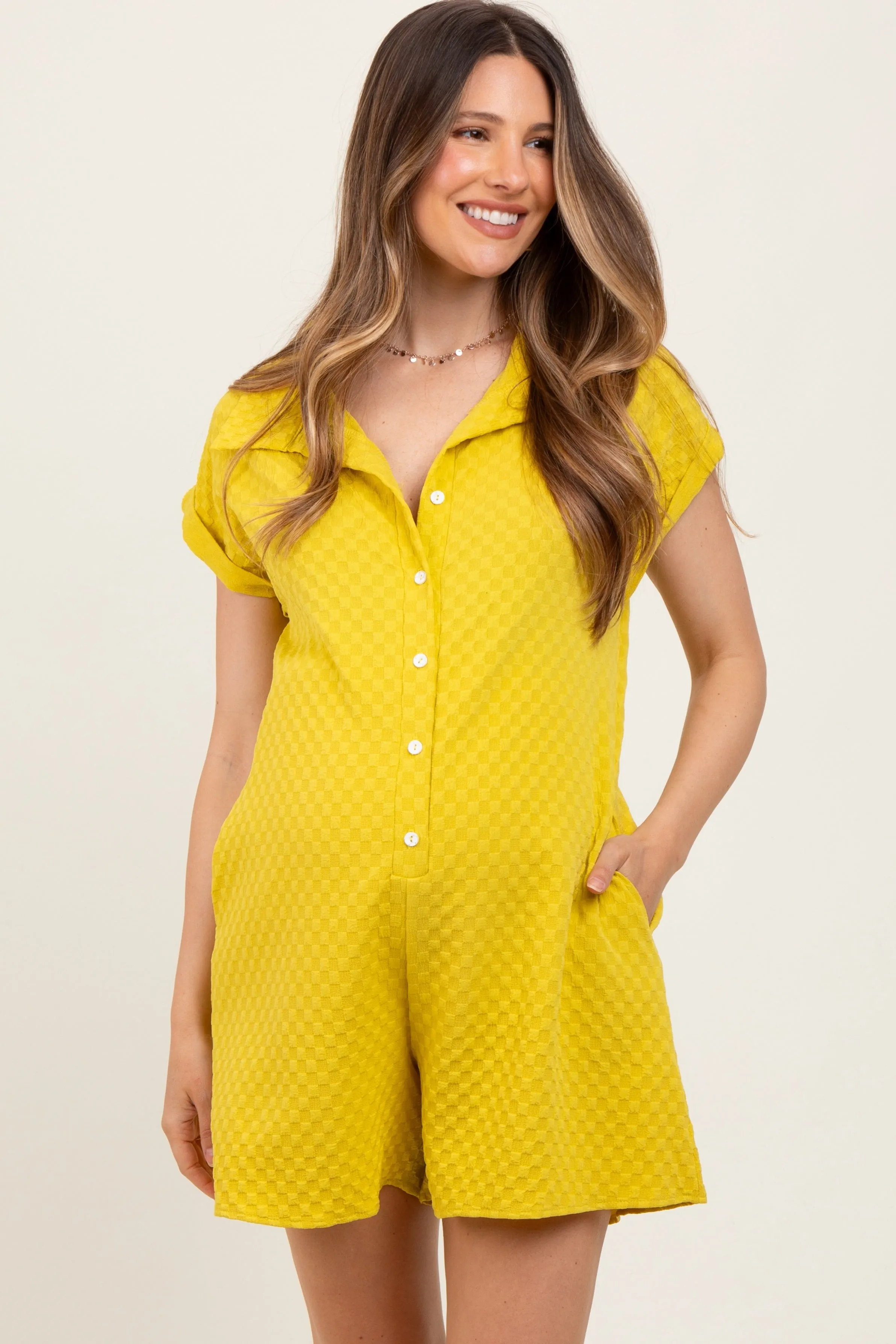 Yellow Jacquard Plaid Button-Down Maternity Romper sold by Pinkblush