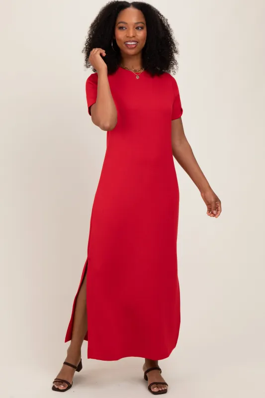 Red Basic Side Slit Short Sleeve Midi Dress sold by Pinkblush