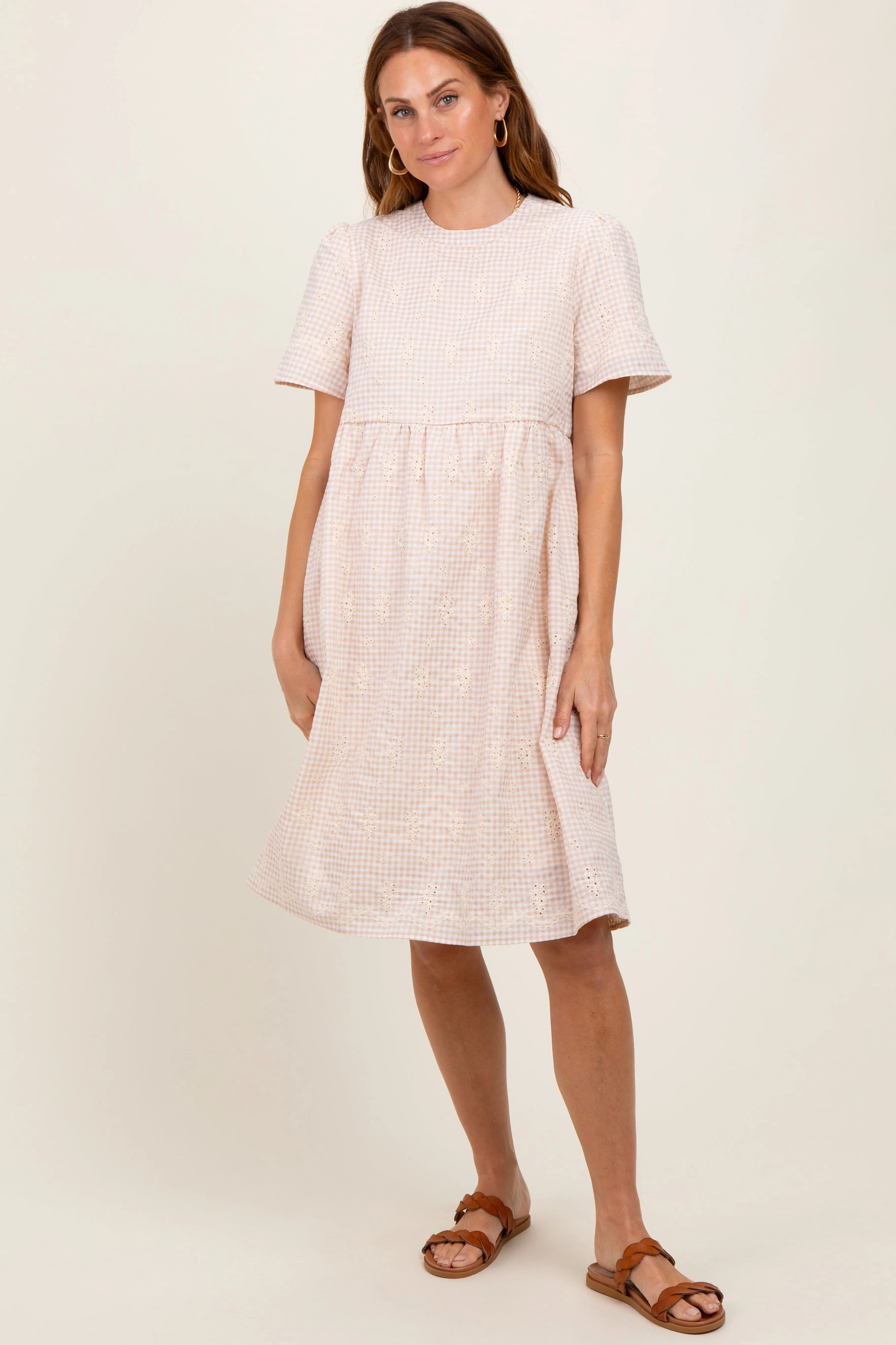 Beige Gingham Short Sleeve Maternity Dress sold by Pinkblush product image thumbnail 3