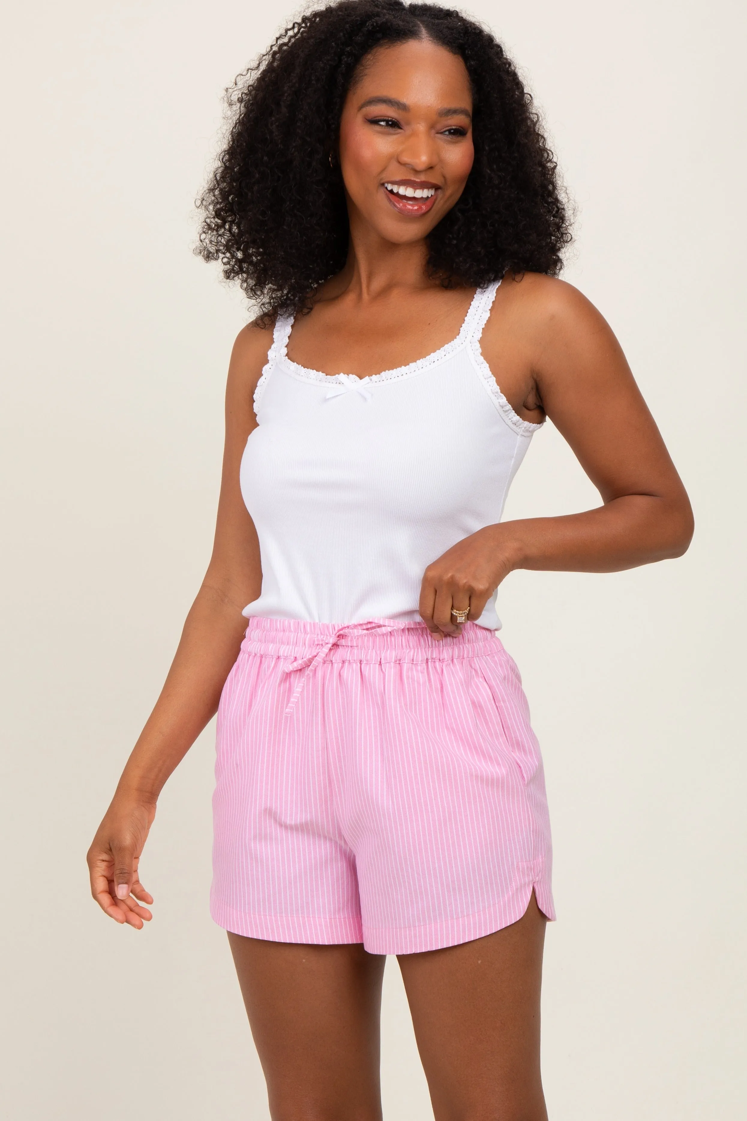 Pink Striped Round Hem Drawstring Shorts sold by Pinkblush