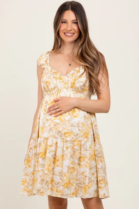 Yellow Floral Ruffle Sleeve Tiered Maternity Mini Dress sold by Pinkblush