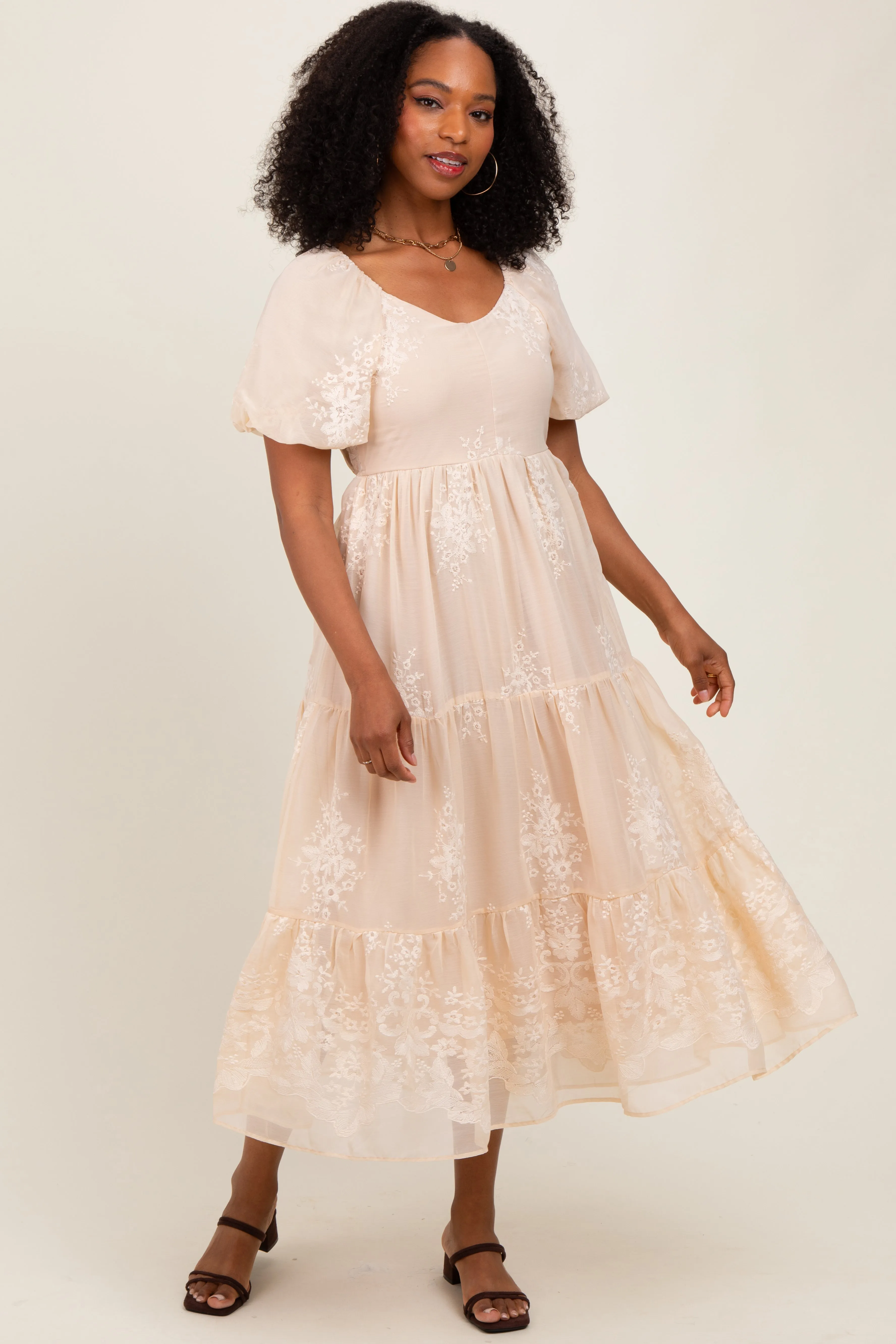 Beige Floral Embroidered Chiffon Midi Dress sold by Pinkblush product image thumbnail 2