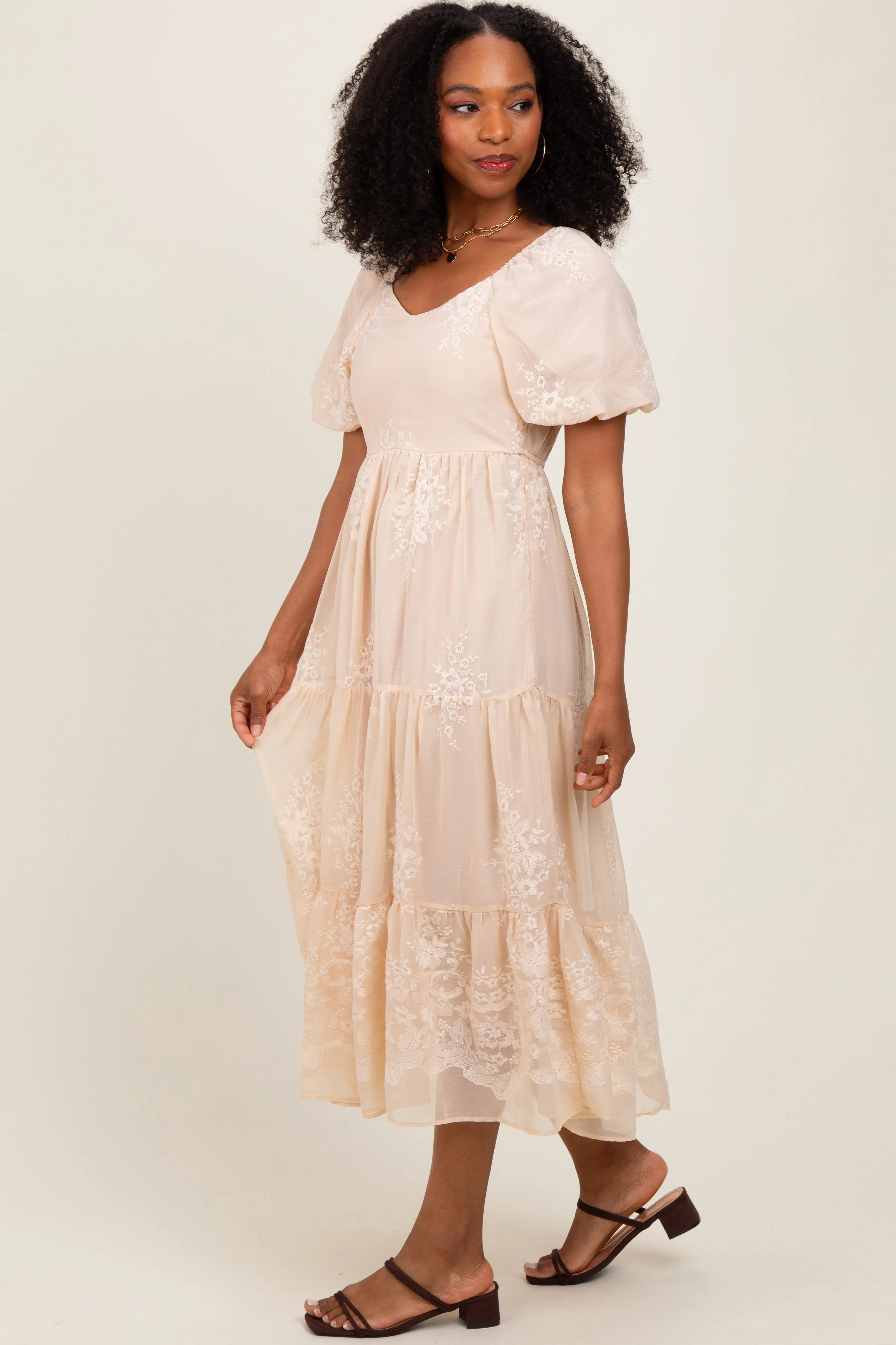 Beige Floral Embroidered Chiffon Midi Dress sold by Pinkblush product image thumbnail 3
