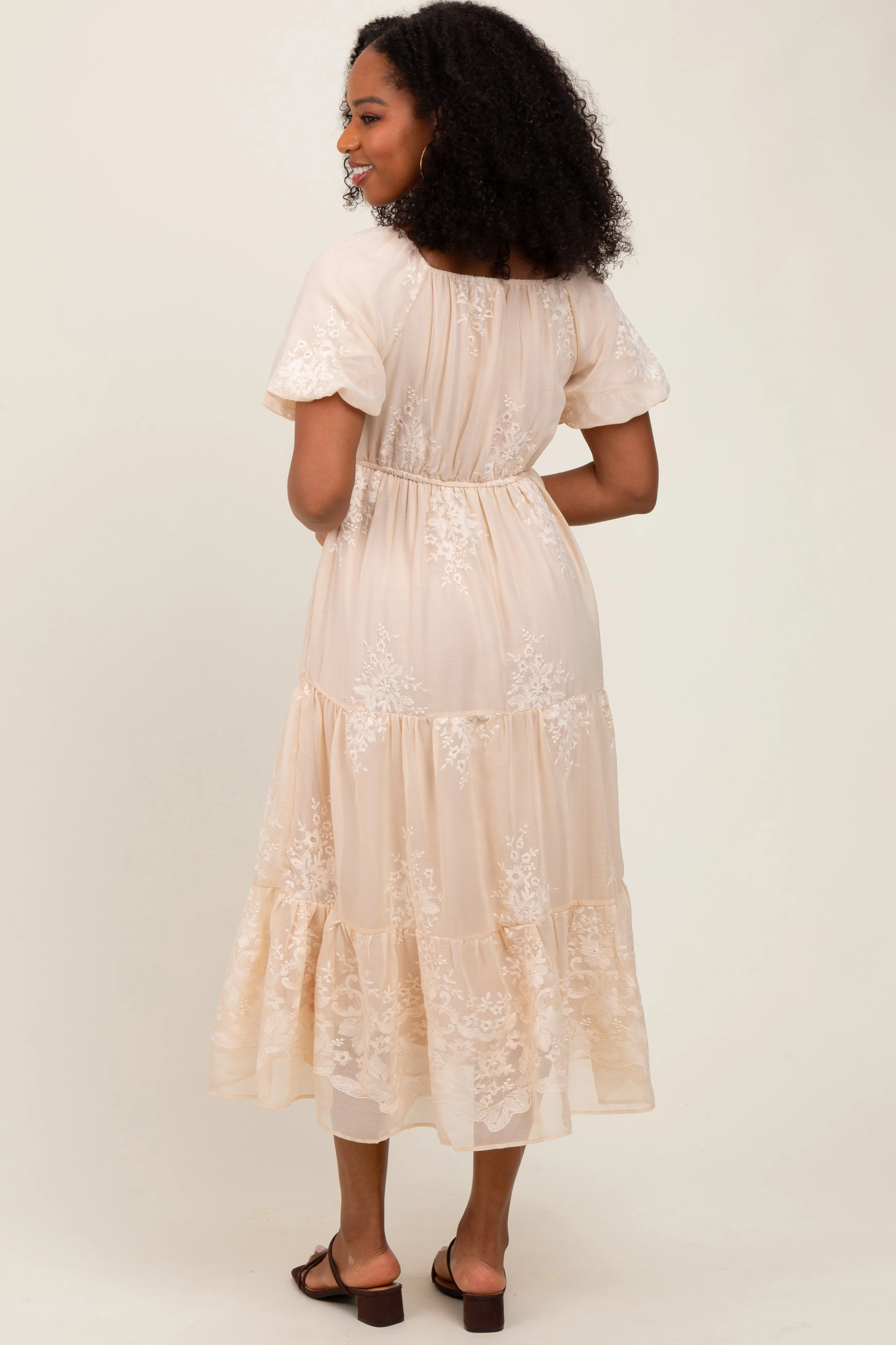 Beige Floral Embroidered Chiffon Midi Dress sold by Pinkblush product image thumbnail 4