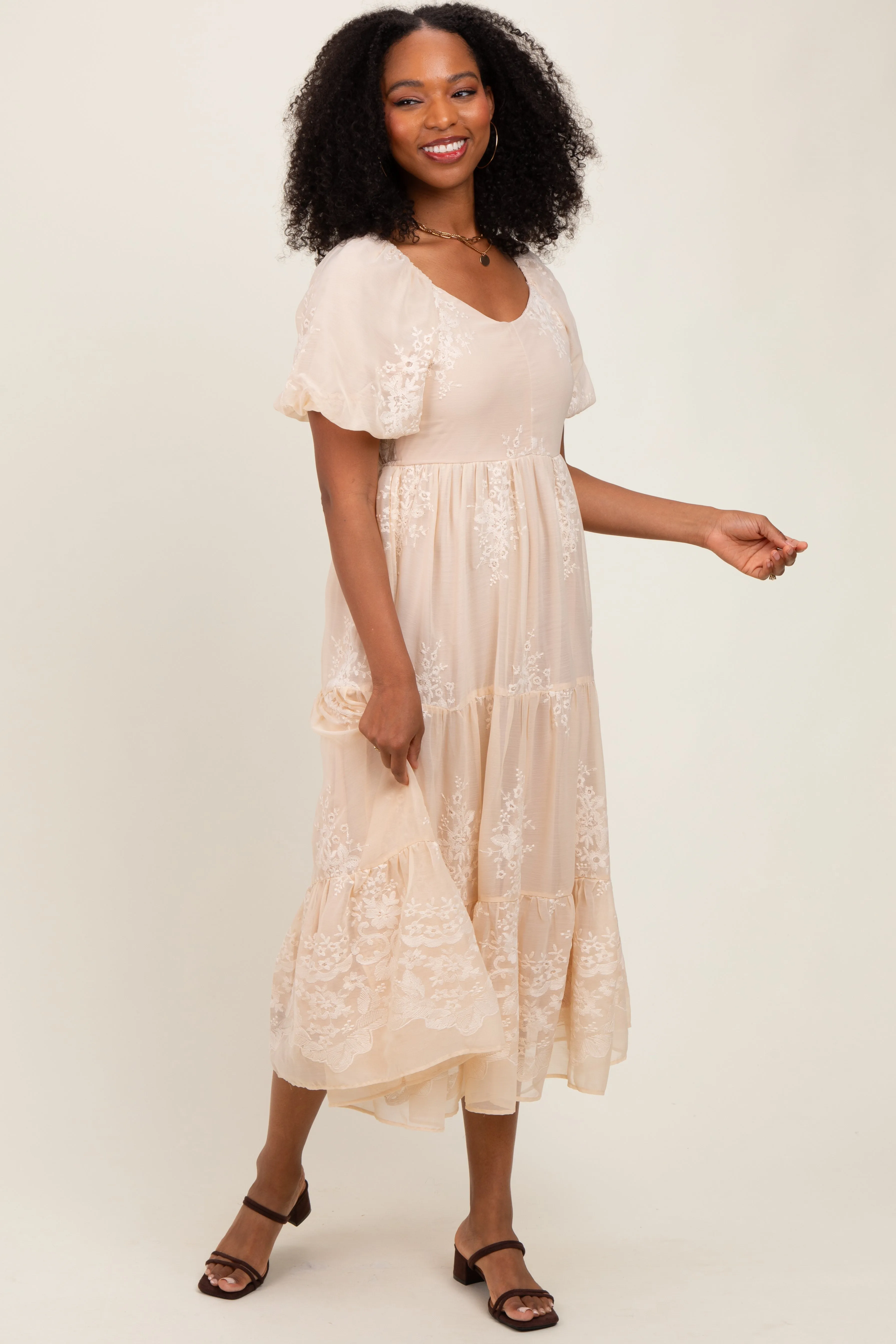 Beige Floral Embroidered Chiffon Midi Dress sold by Pinkblush