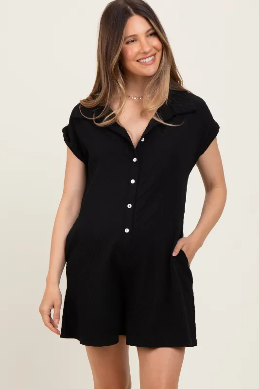 Black Jacquard Plaid Button-Down Maternity Romper sold by Pinkblush