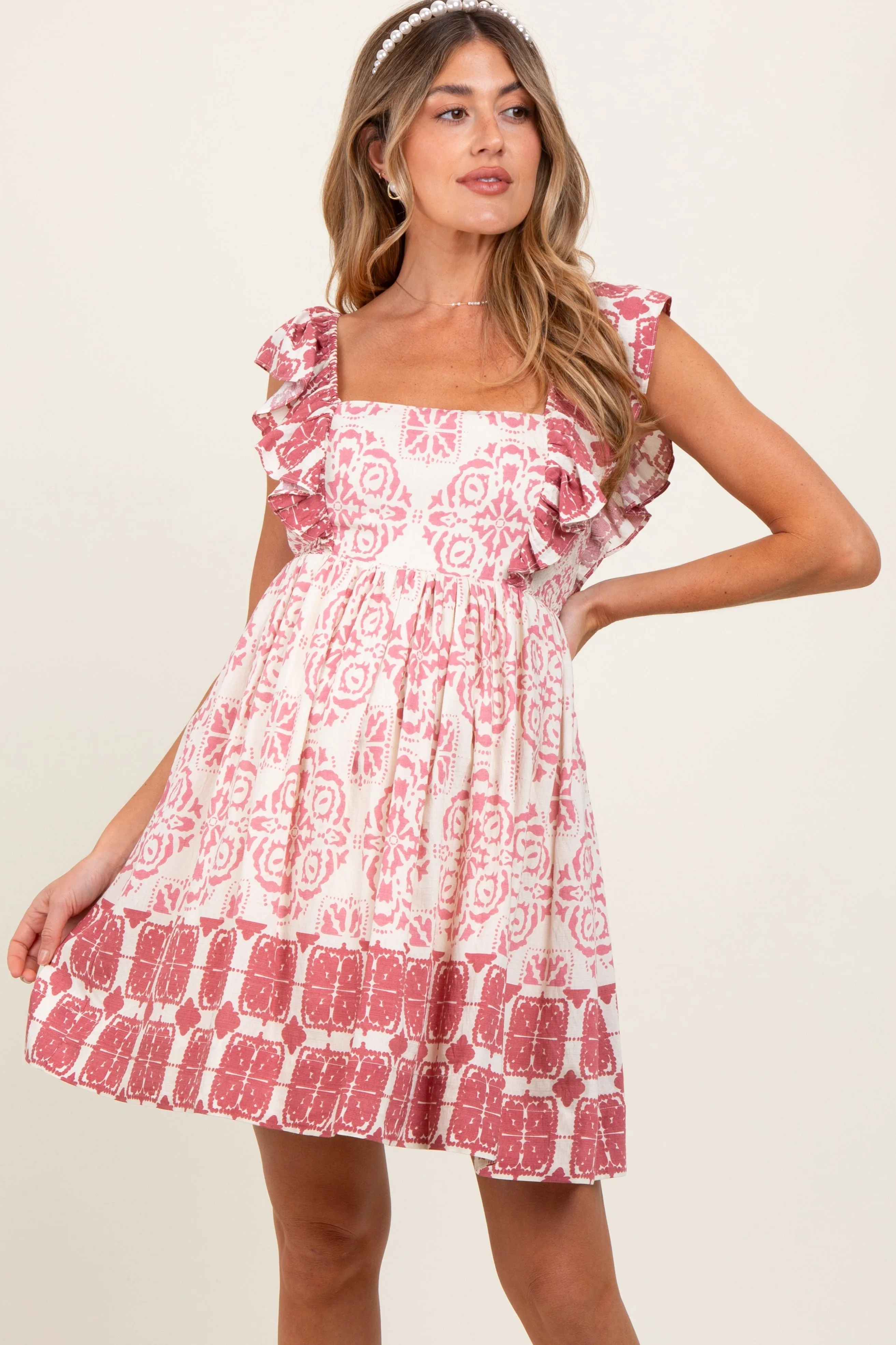 Mauve Damask Ruffle Sleeve Maternity Mini Dress sold by Pinkblush