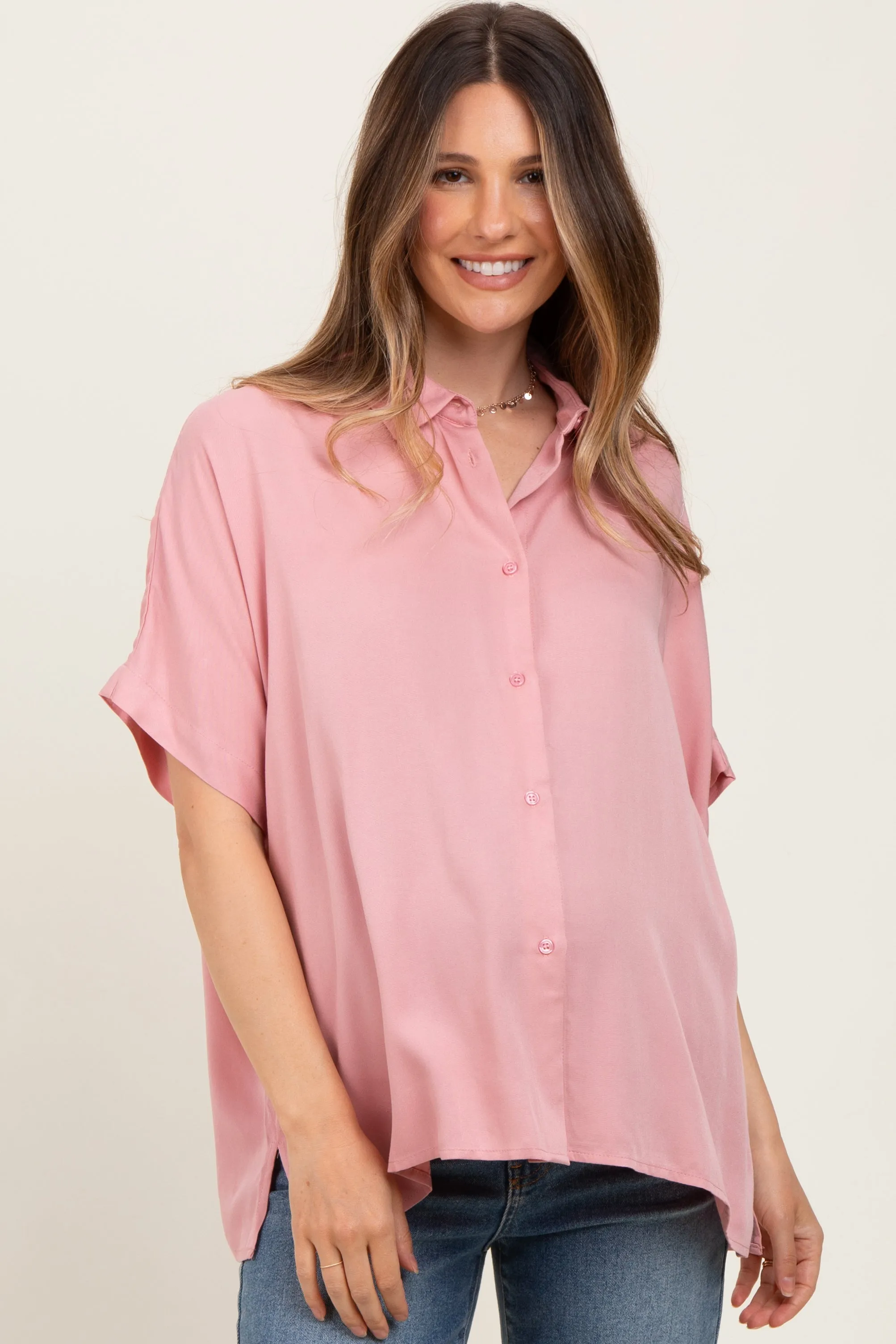 Light Pink Dolman Sleeve Button Down Maternity Blouse sold by Pinkblush