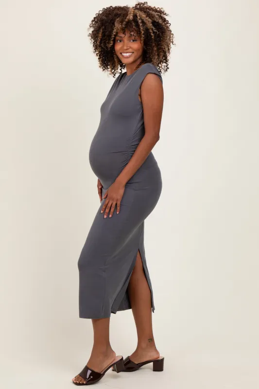 Charcoal Sleeveless Side Ruched Maternity Midi Dress sold by Pinkblush