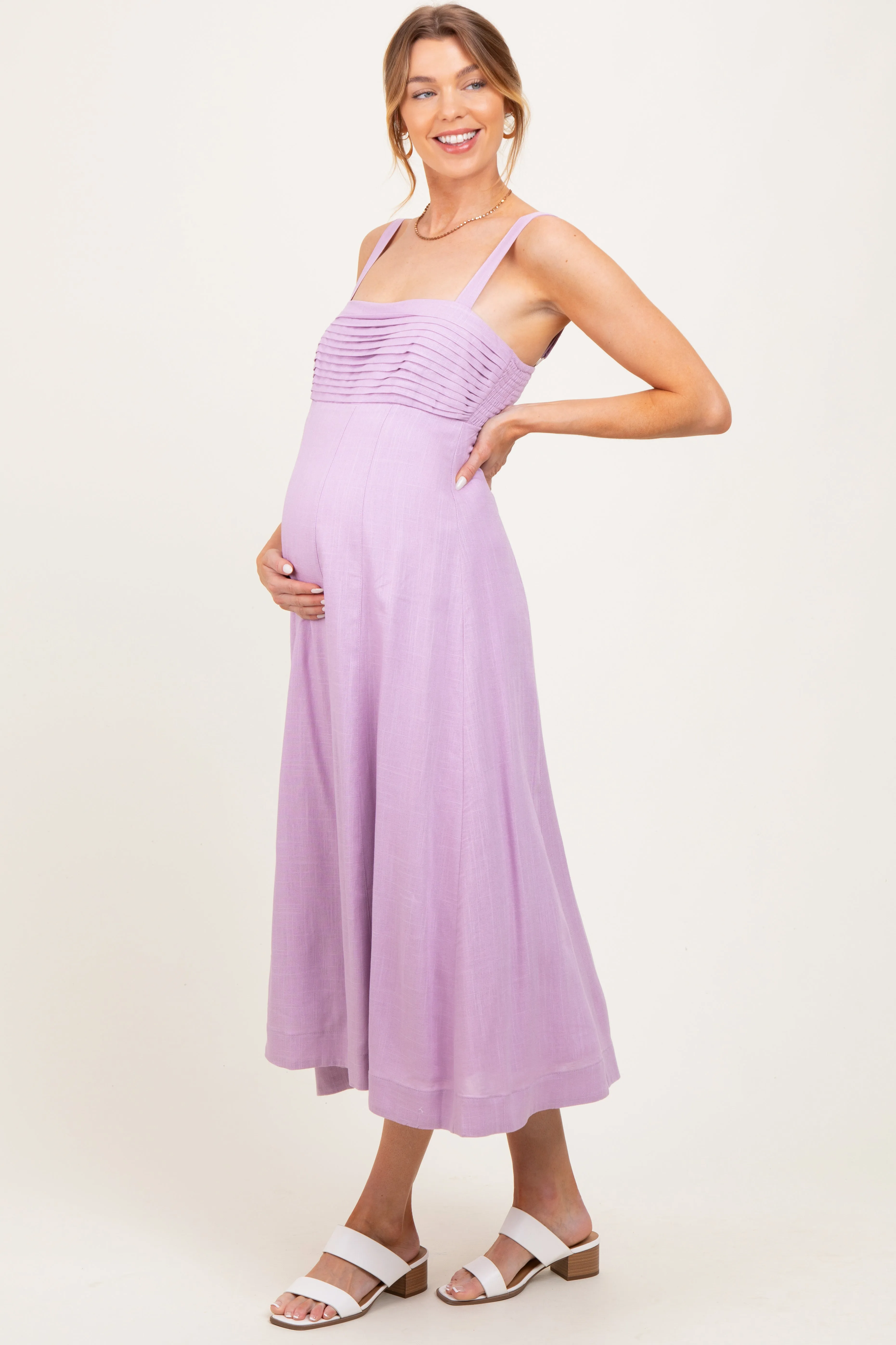 Lavender Pleated Bodice Maternity Midi Dress sold by Pinkblush product image thumbnail 3